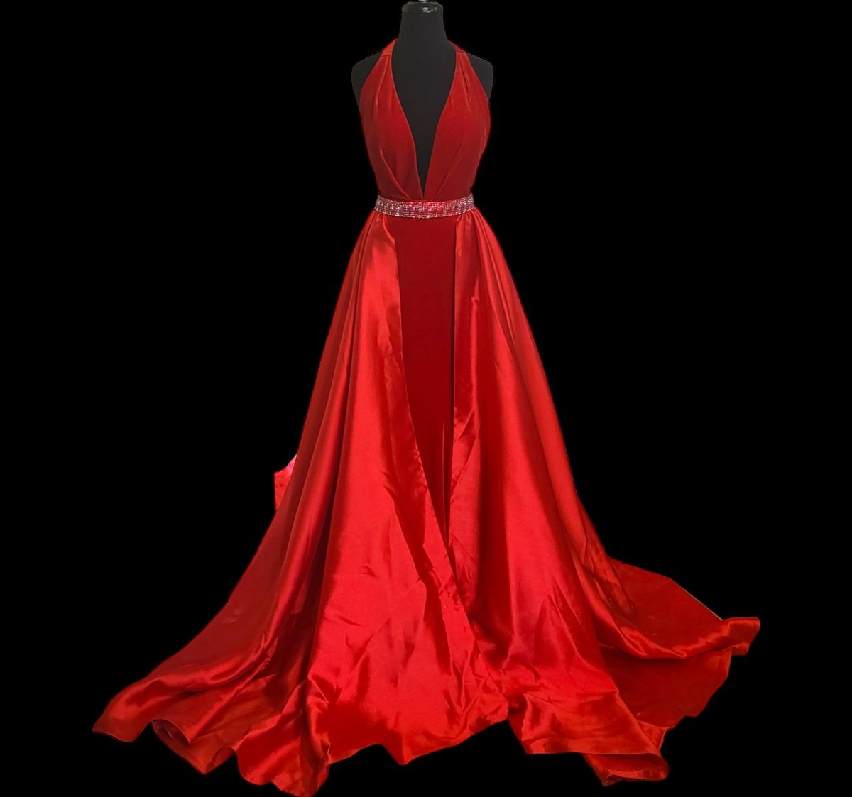 Style S68969 Jovani Size 4 Pageant Halter Velvet Red A-line Dress on Queenly