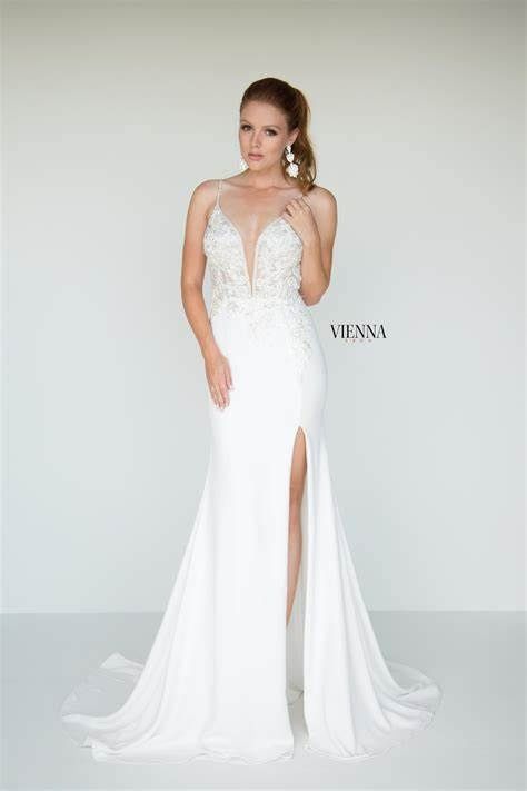 Style 9938 Vienna Size 8 Prom Plunge Lace White Side Slit Dress on Queenly