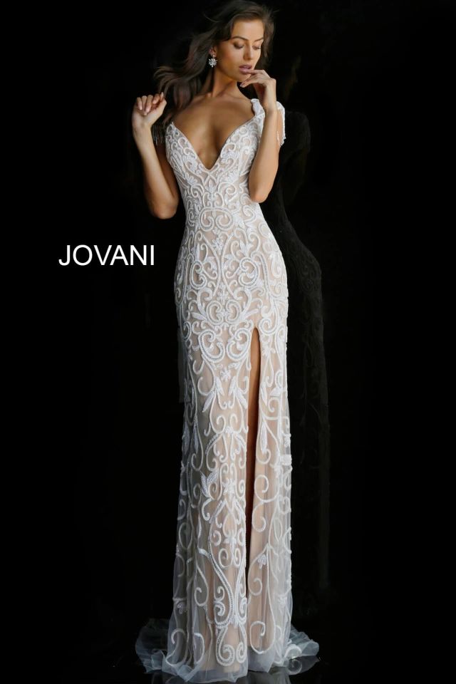 Style 48274 Jovani Size 4 Prom Plunge White Side Slit Dress on Queenly