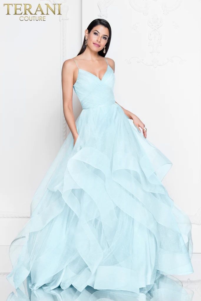 Style 1811P5849 Terani Couture Size 12 Strapless Blue Ball Gown on Queenly