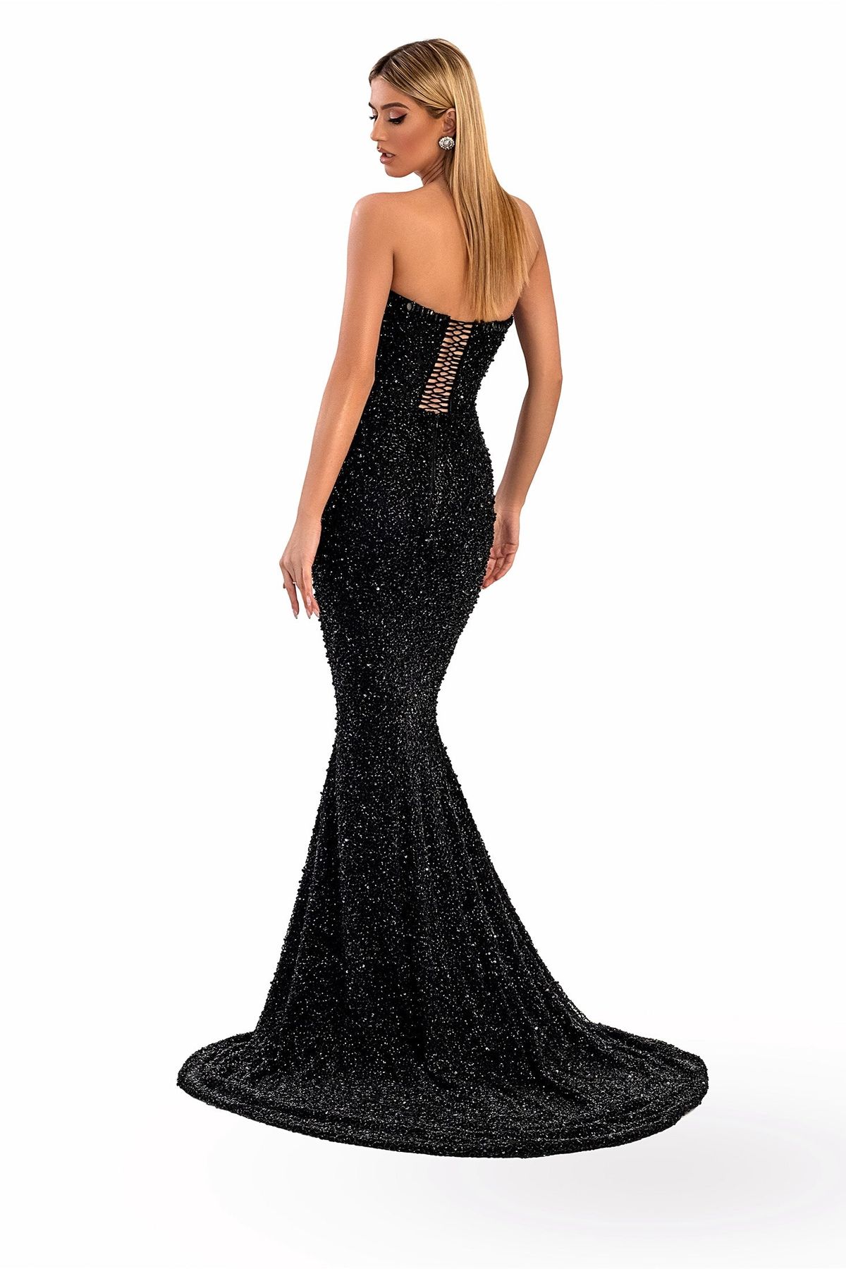 Style AD4007 Albina Dyla Size L Pageant Sequined Black Floor Length Maxi on Queenly
