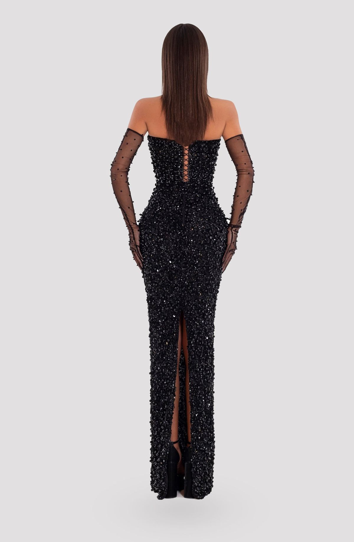 Style AD5041 Albina Dyla Size S Pageant Sequined Black Floor Length Maxi on Queenly