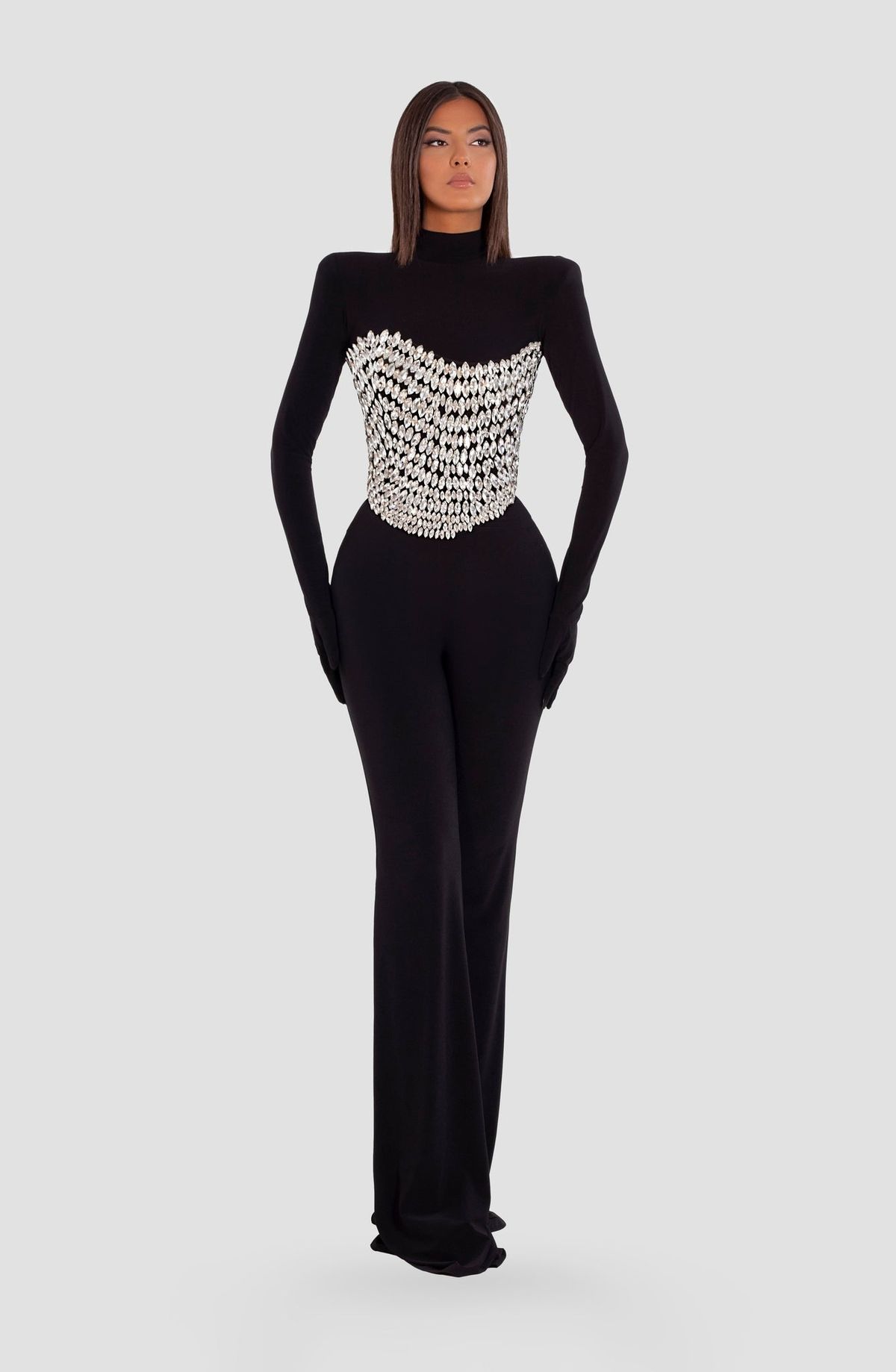 Style AD5030 Albina Dyla Size M Pageant Long Sleeve Black Formal Jumpsuit on Queenly