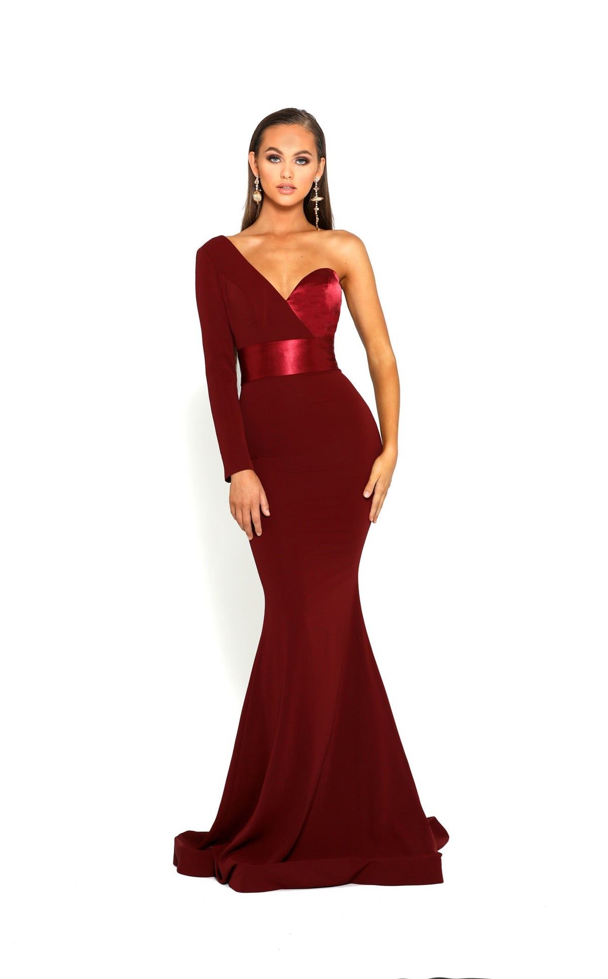Style PS1920 Portia and Scarlett Size 8 Long Sleeve Burgundy Red Floor Length Maxi on Queenly