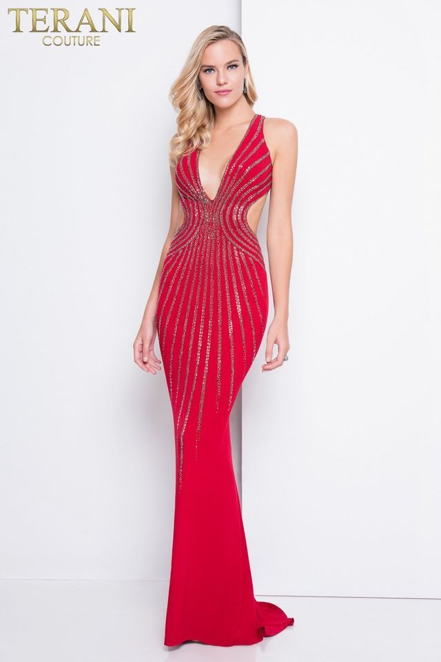 Style 1815P5912 Terani Couture Size 4 Halter Red Floor Length Maxi on Queenly