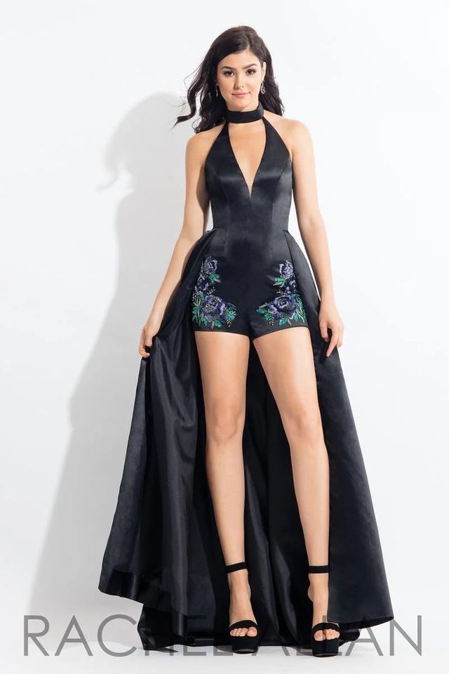 Style 6136 Rachel Allan Size 6 Halter Satin Black Formal Jumpsuit on Queenly