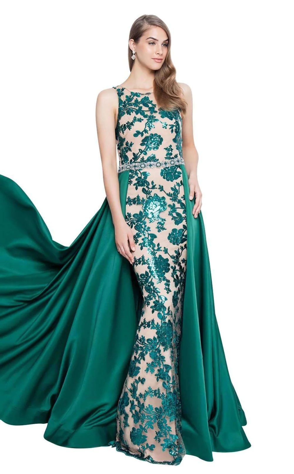 Style 1812P5387 Terani Couture Size 4 Sequined Emerald Green Dress With Train on Queenly