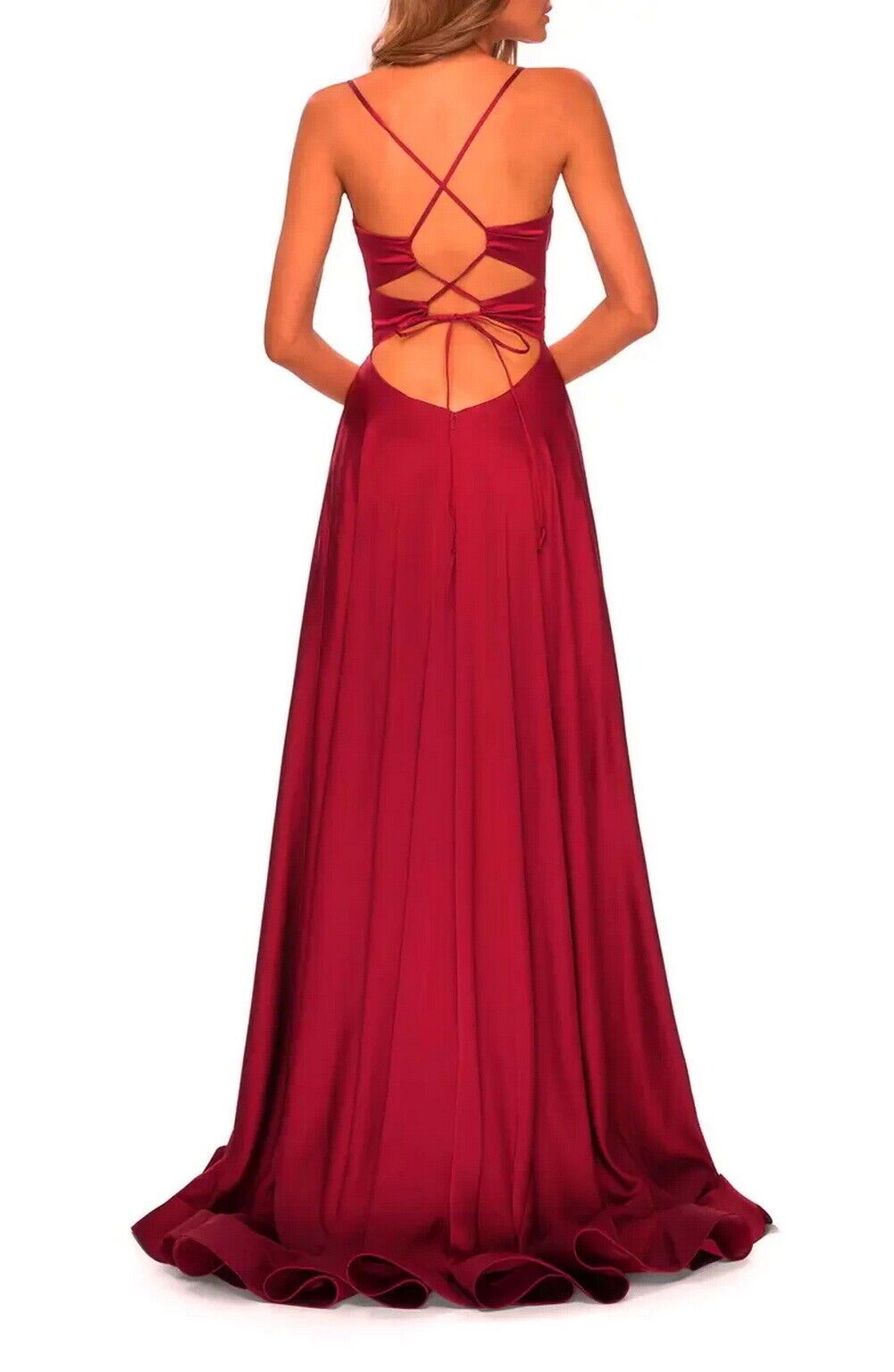 La Femme Size 0 Plunge Satin Red Side Slit Dress on Queenly
