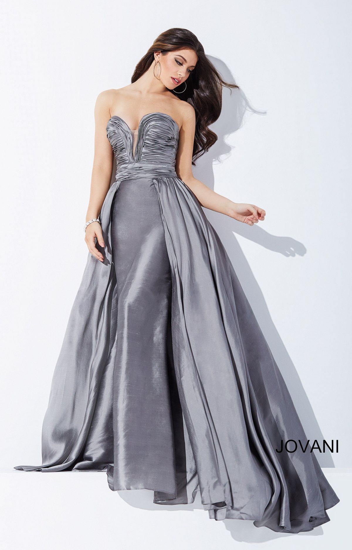 Style 36163 Jovani Size 4 Strapless Satin Silver Dress With Train on Queenly