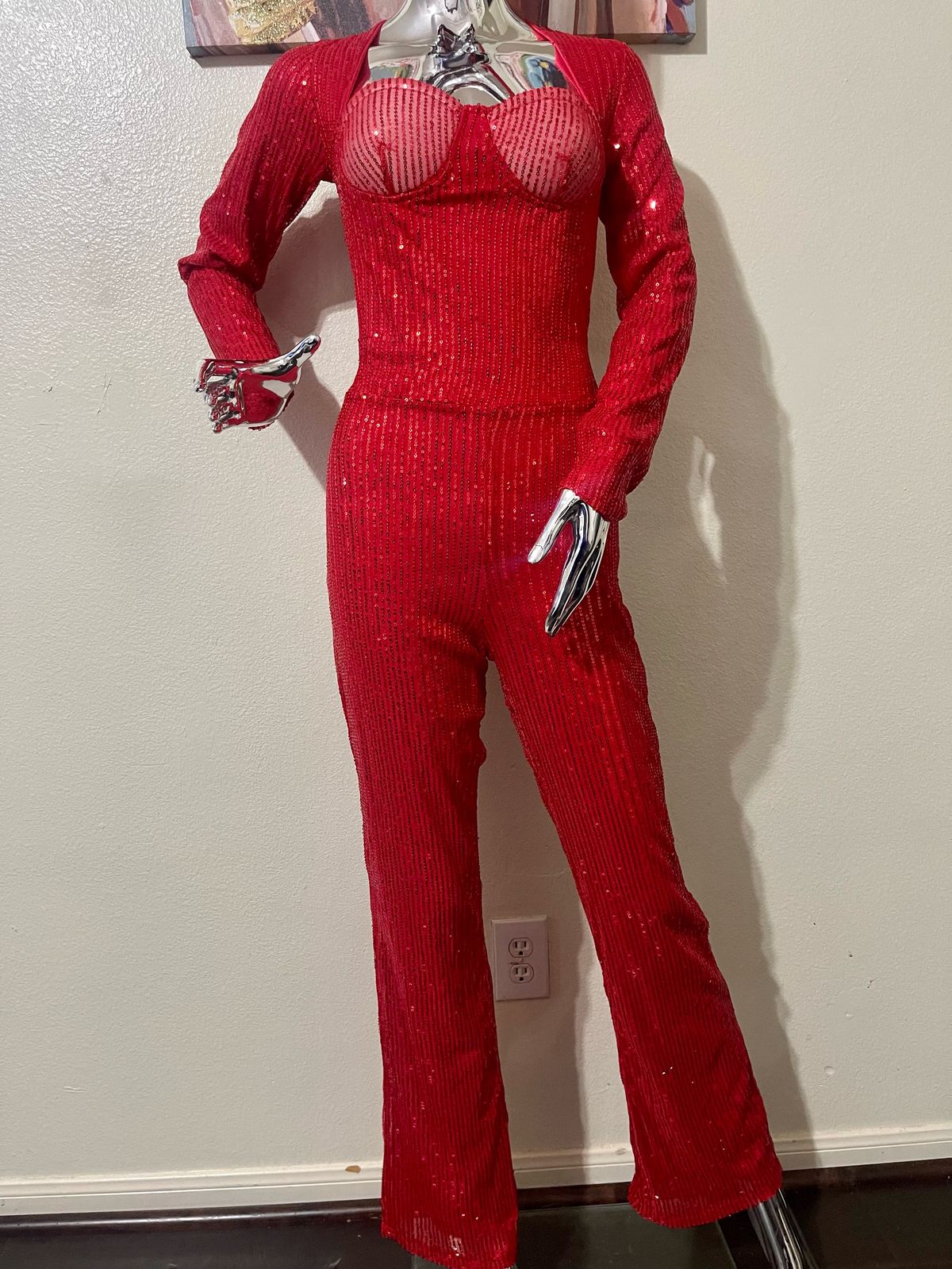 Size 12 Sequined Red Formal Jumpsuit on Queenly