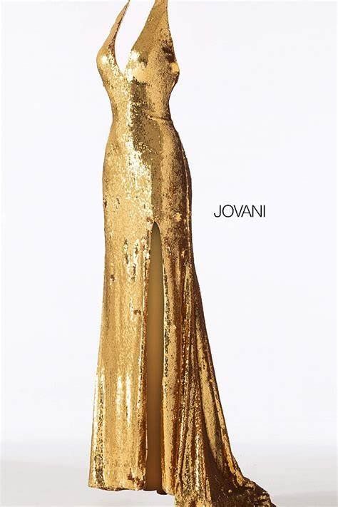 Style 62360 Jovani Size 2 Prom Plunge Sequined Gold Side Slit Dress on Queenly
