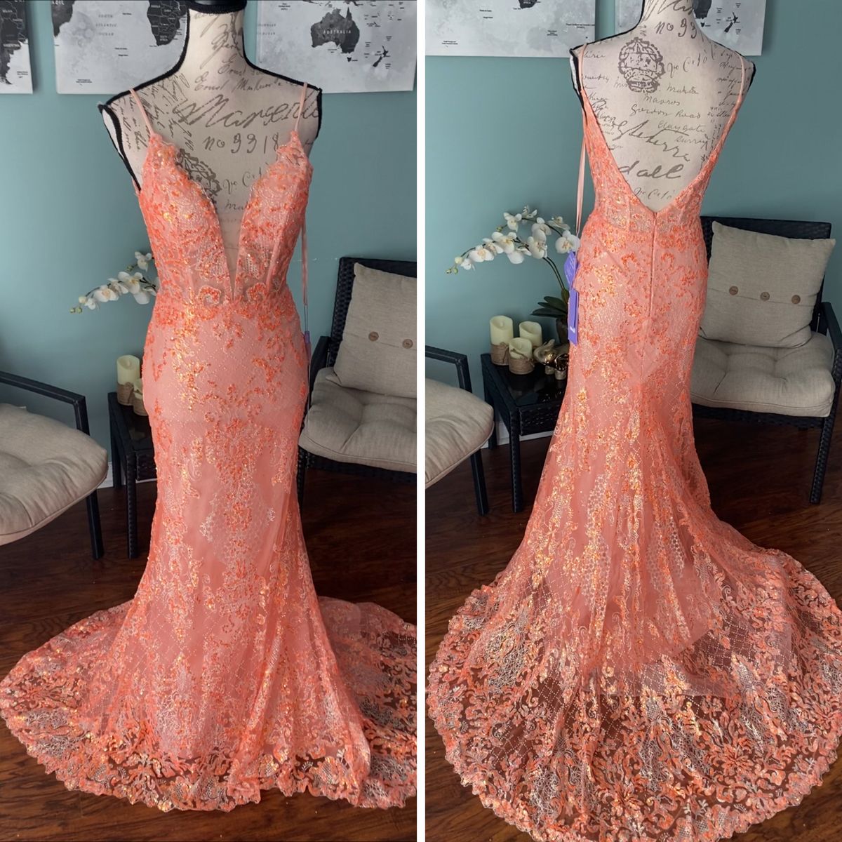 Size 4 Prom Plunge Lace Orange Mermaid Dress on Queenly