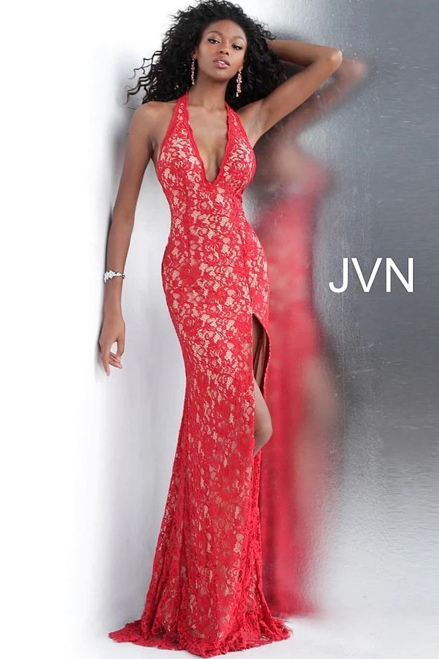 Style 63391 Jovani Size 8 Plunge Lace Red Side Slit Dress on Queenly