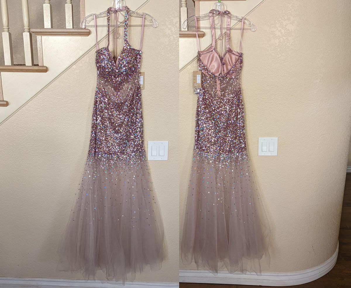Style Mauve Sequined & Rhinestone Halter Sheer Illusion Mermaid Gown Amelia Size 4 Prom Halter Purple Mermaid Dress on Queenly