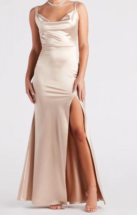 Style 05002-7205 Size 12 Prom Satin Gold A-line Dress on Queenly