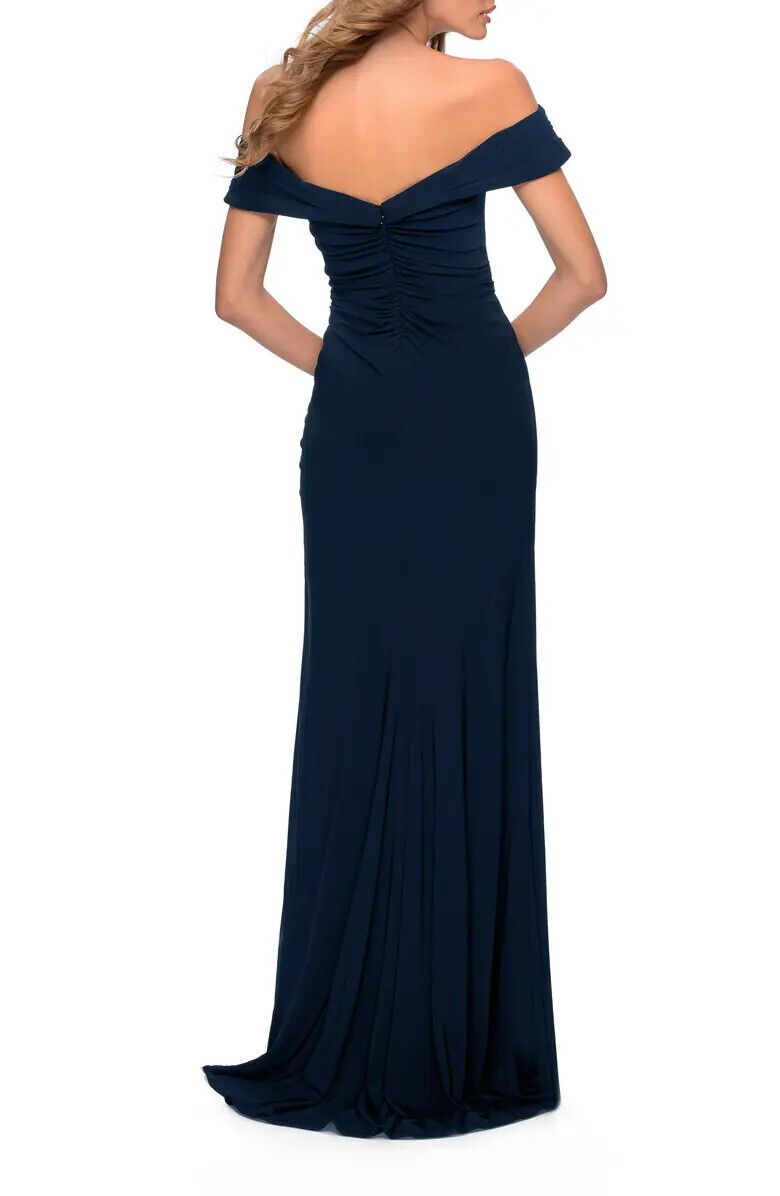 La Femme Size 2 Off The Shoulder Satin Navy Blue Side Slit Dress on Queenly