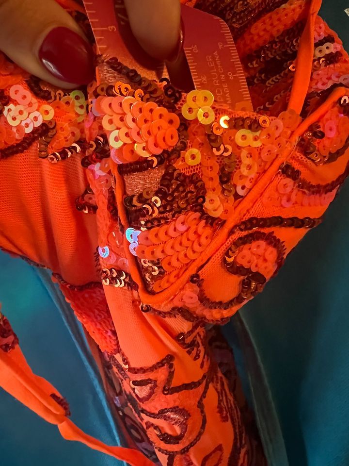 Style 08462 Jovani Size 0 Prom Plunge Sequined Orange Side Slit Dress on Queenly