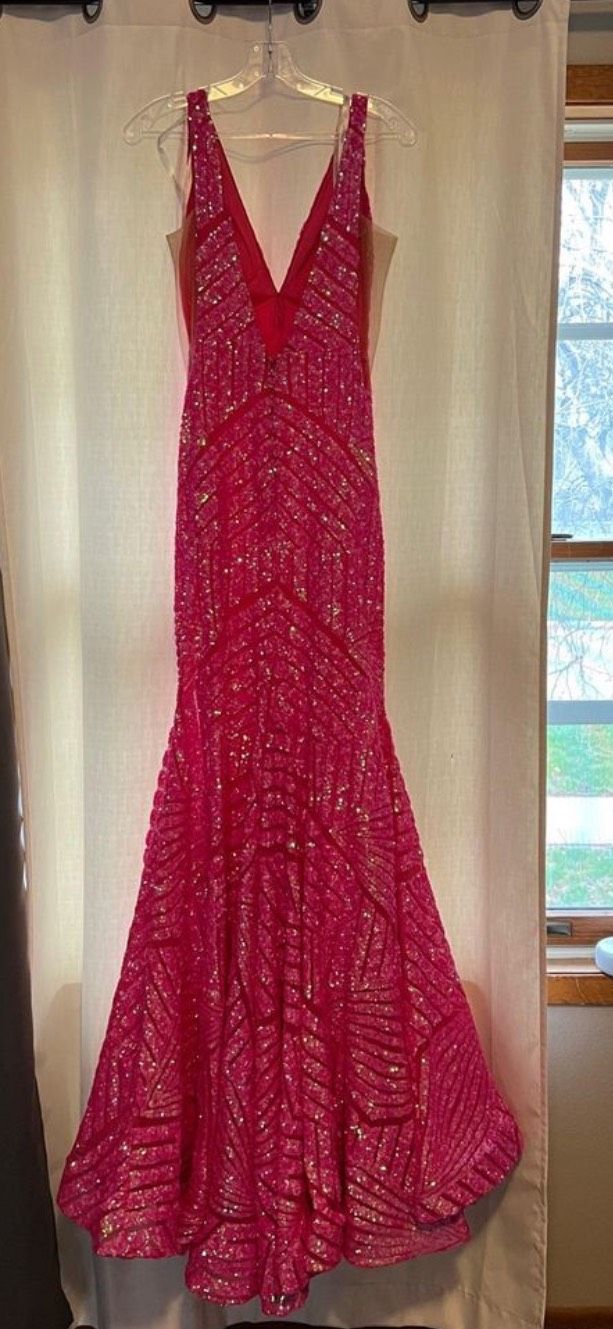 Jovani Size 8 Bridesmaid Plunge Hot Pink Mermaid Dress on Queenly