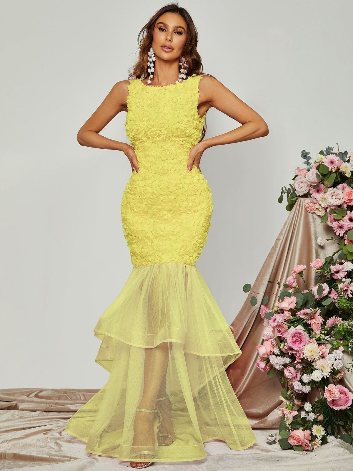 Style FSWD0833 Faeriesty Size XL Sheer Yellow Mermaid Dress on Queenly