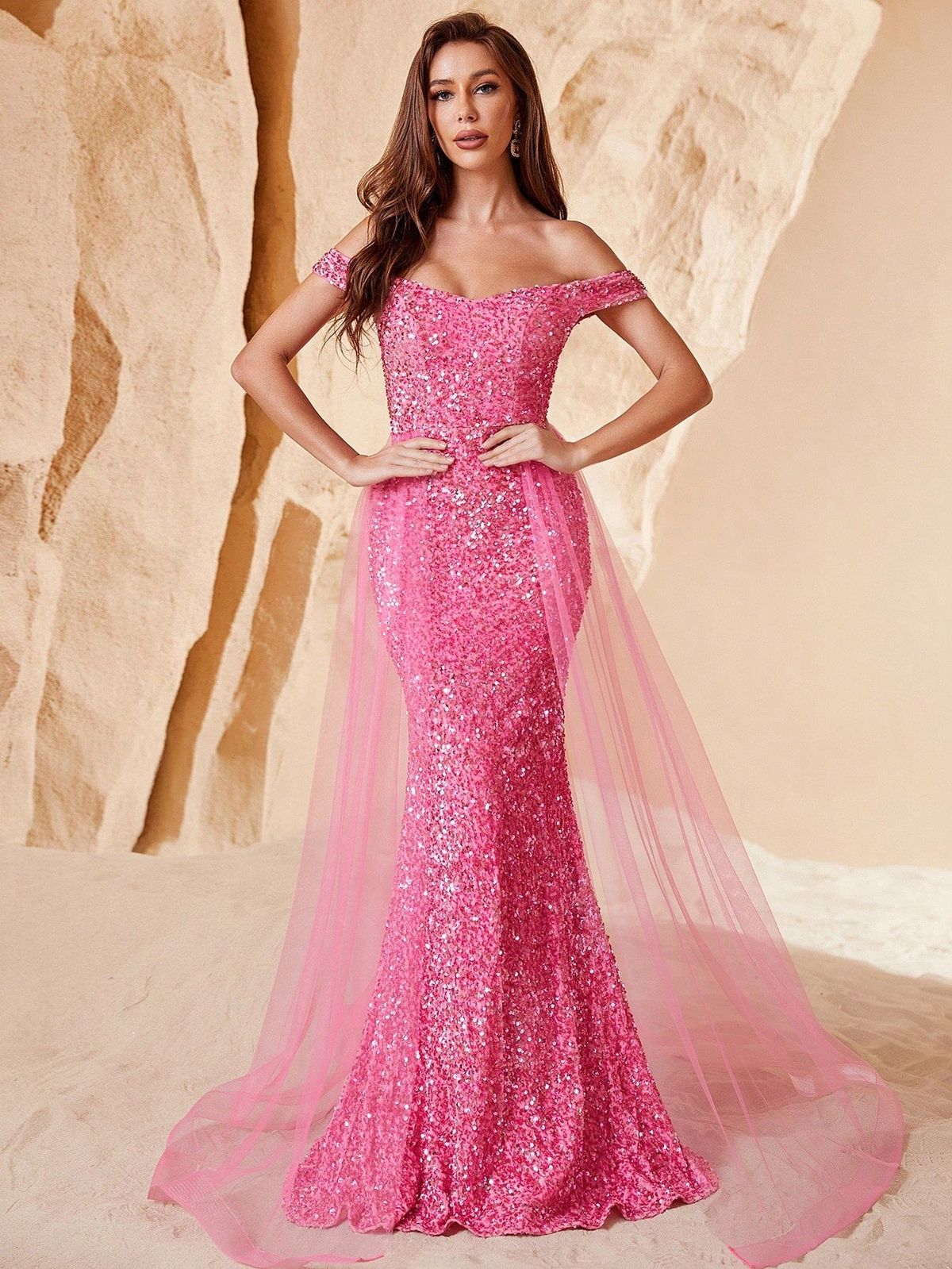 Style FSWD0478 Faeriesty Size XS Off The Shoulder Sequined Pink Mermaid Dress on Queenly