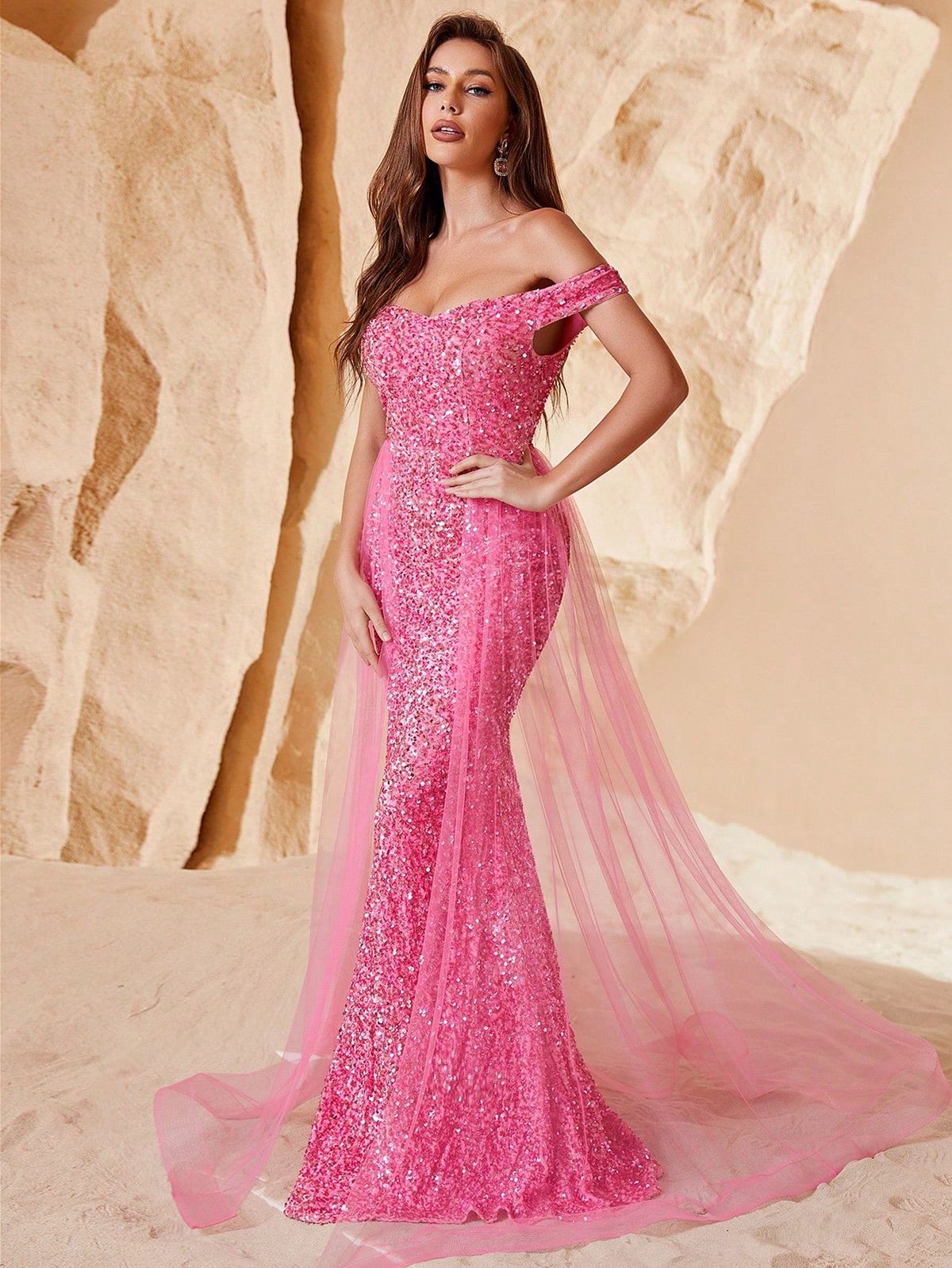 Style FSWD0478 Faeriesty Size S Off The Shoulder Sequined Pink Mermaid Dress on Queenly