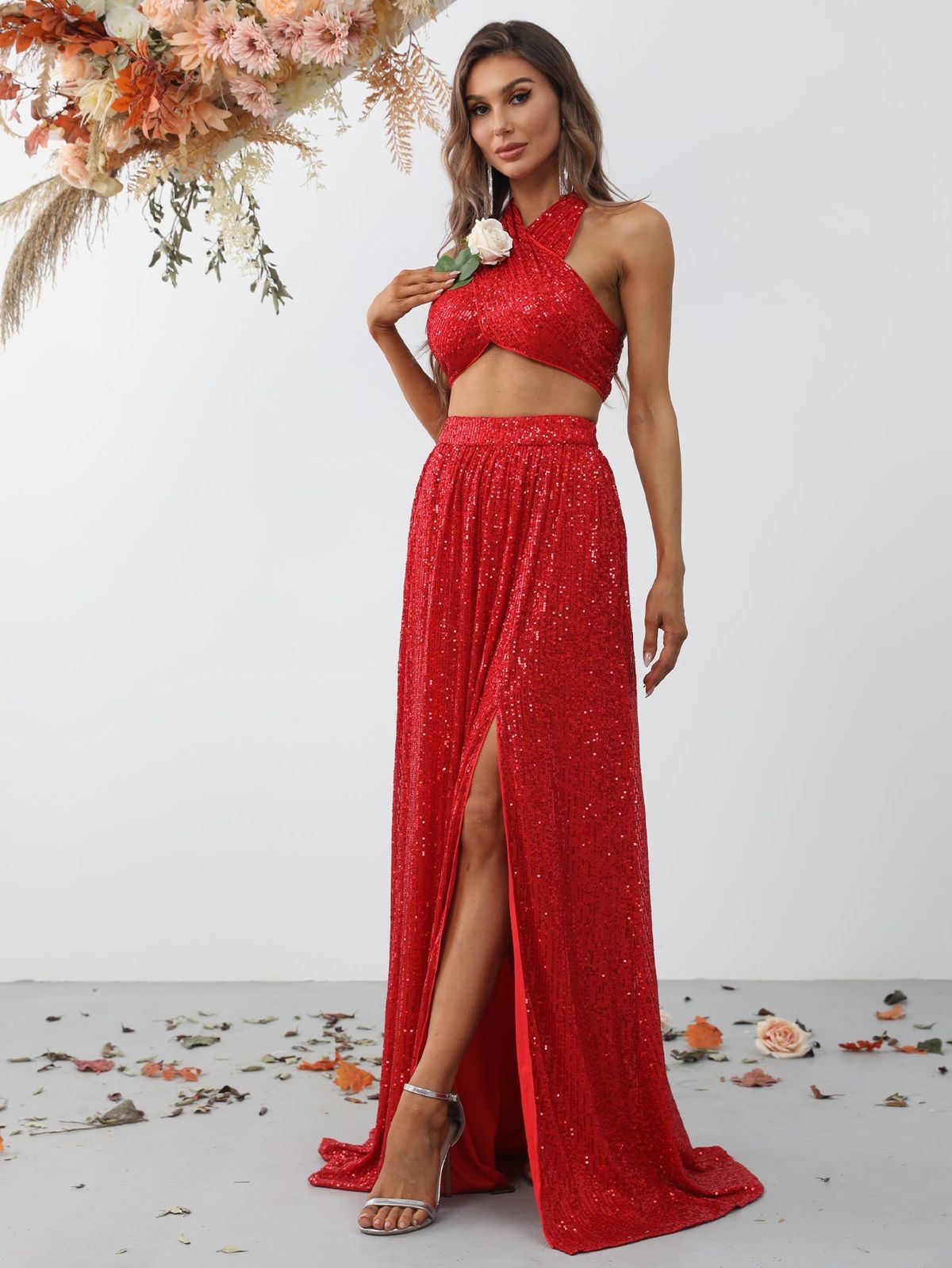 Style FSWU9002 Faeriesty Size XS Halter Sequined Red Floor Length Maxi on Queenly