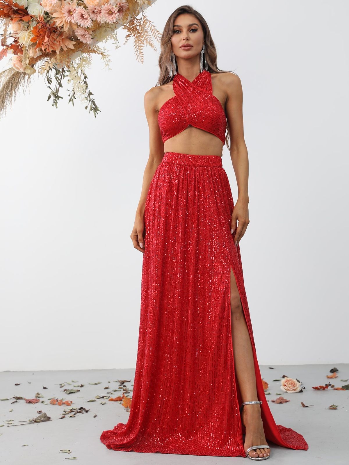 Style FSWU9002 Faeriesty Size XS Halter Sequined Red Floor Length Maxi on Queenly