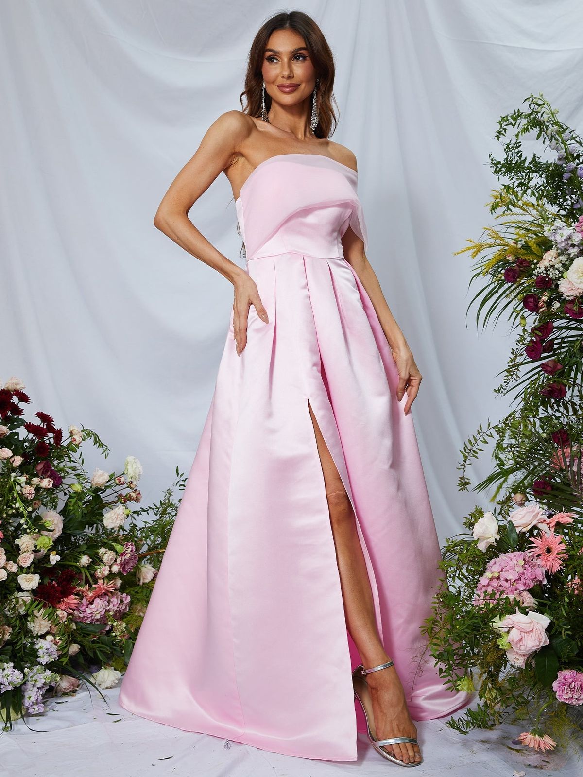 Style FSWD0630 Faeriesty Size L One Shoulder Satin Pink Side Slit Dress on Queenly