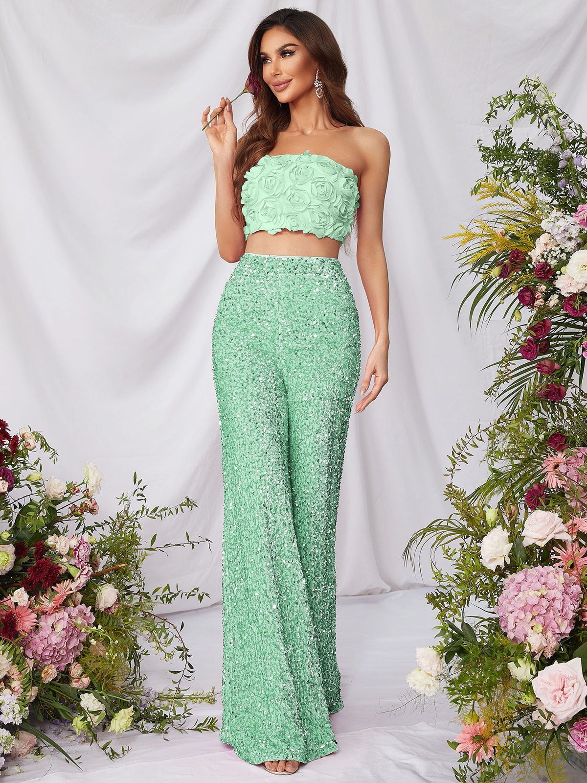 Style FSWU0357 Faeriesty Size XS Nightclub Strapless Sequined Light Green Formal Jumpsuit on Queenly