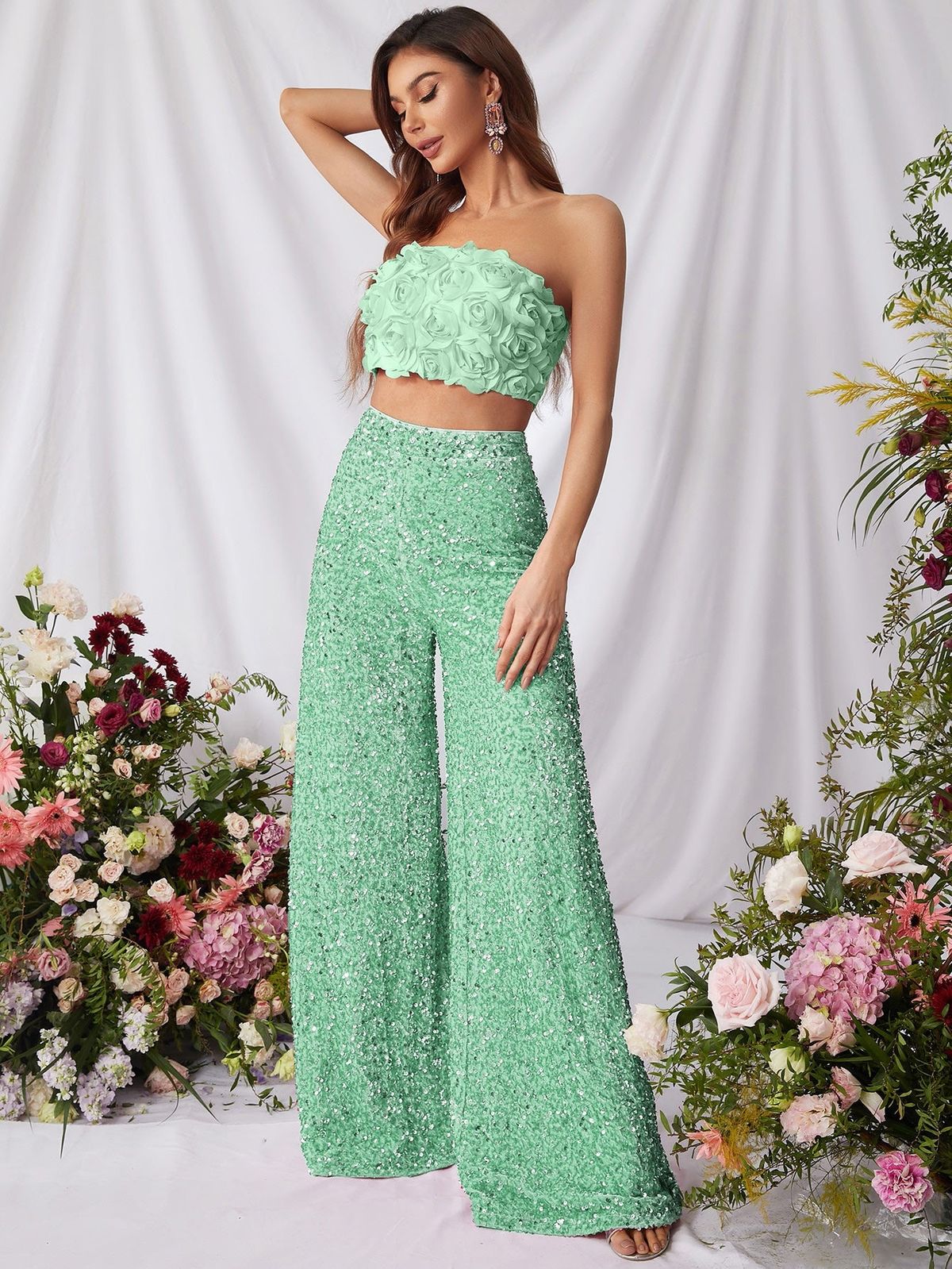 Style FSWU0357 Faeriesty Size S Nightclub Strapless Sequined Light Green Formal Jumpsuit on Queenly