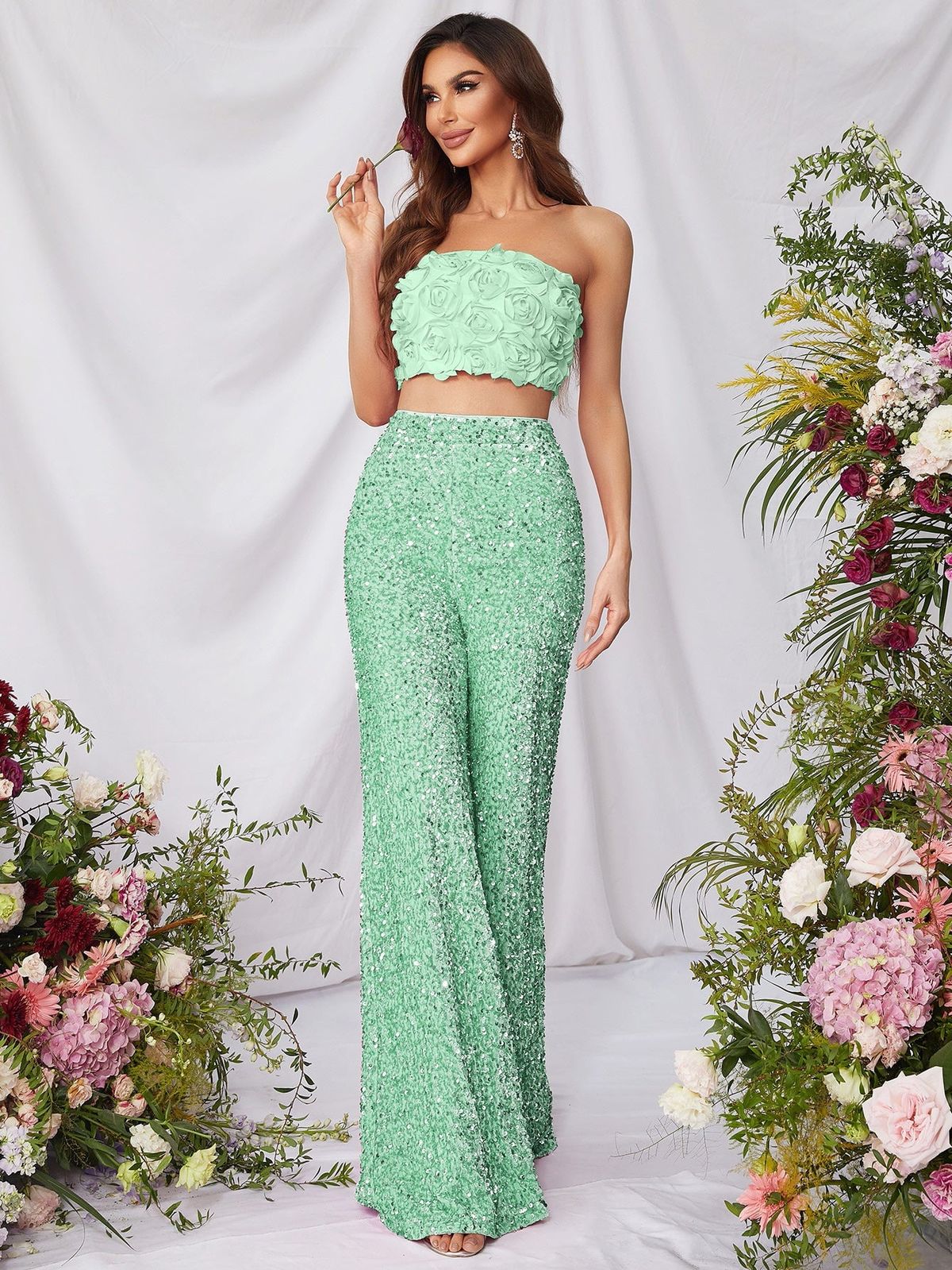 Style FSWU0357 Faeriesty Size M Nightclub Strapless Sequined Light Green Formal Jumpsuit on Queenly