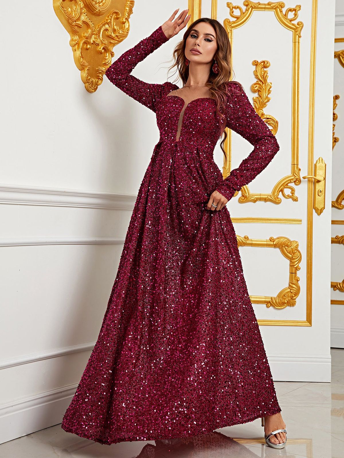 Style FSWD0790 Faeriesty Size XS Long Sleeve Sequined Burgundy Red A-line Dress on Queenly