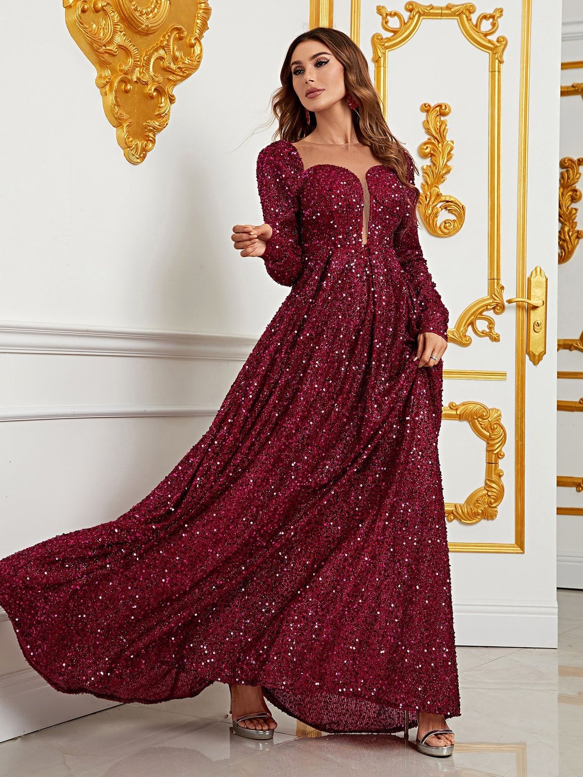 Style FSWD0790 Faeriesty Size M Long Sleeve Sequined Burgundy Red A-line Dress on Queenly