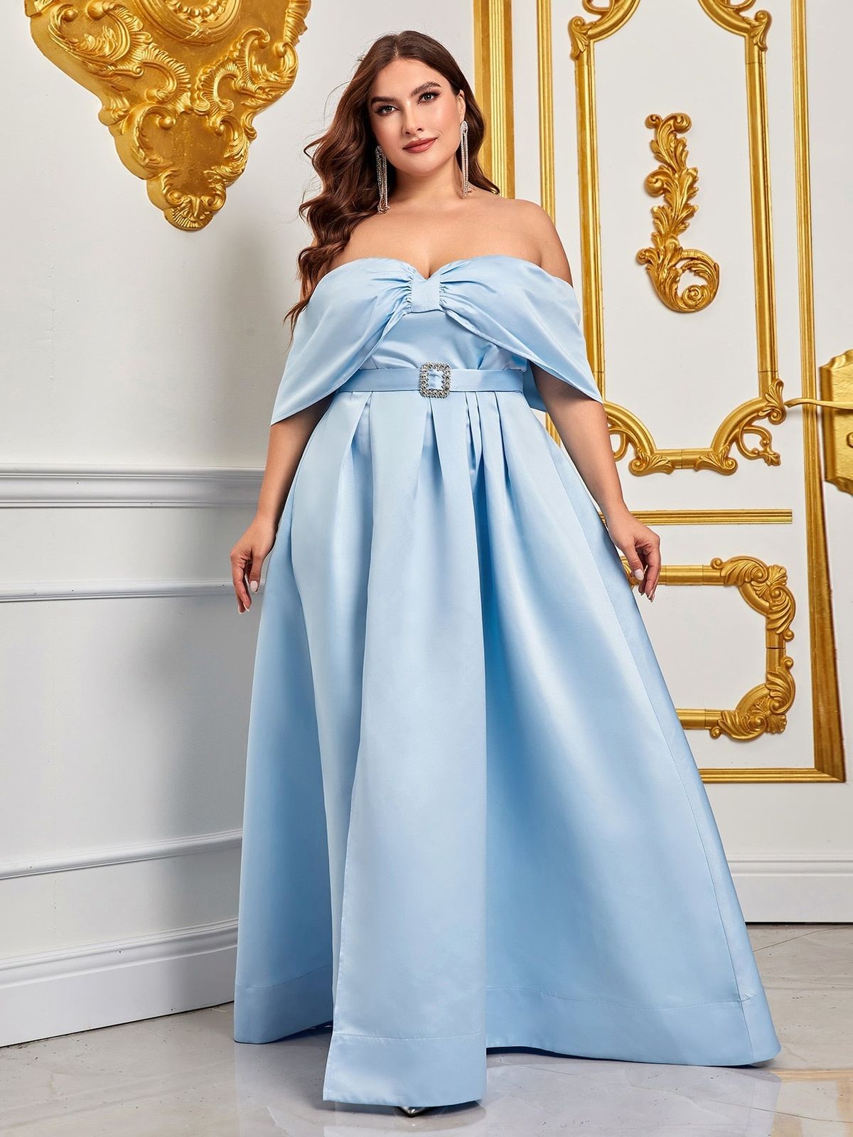 Style FSWD0814P Faeriesty Size 1X Off The Shoulder Satin Blue Ball Gown on Queenly