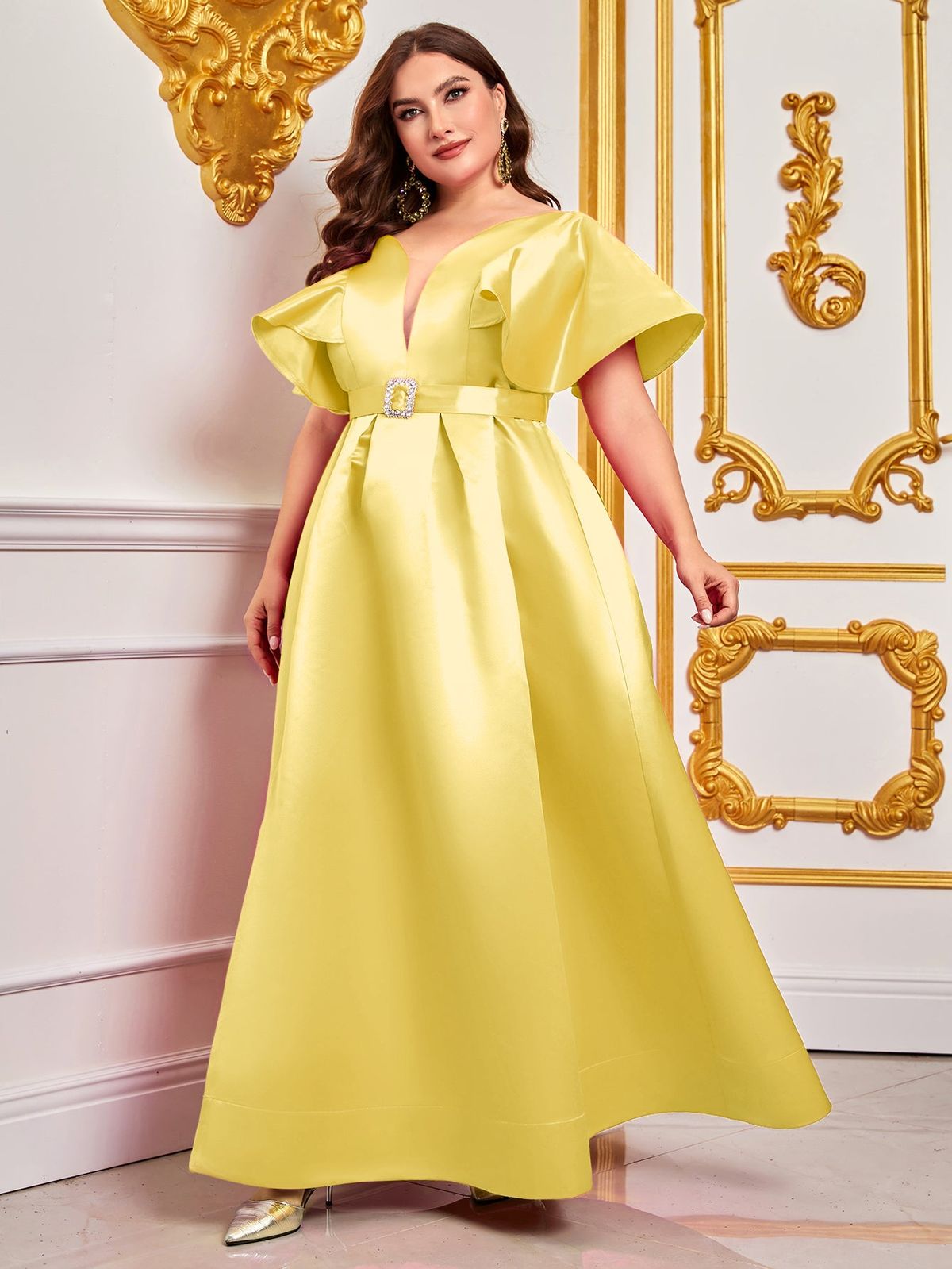 Style FSWD0819P Faeriesty Size 1X Satin Yellow Floor Length Maxi on Queenly