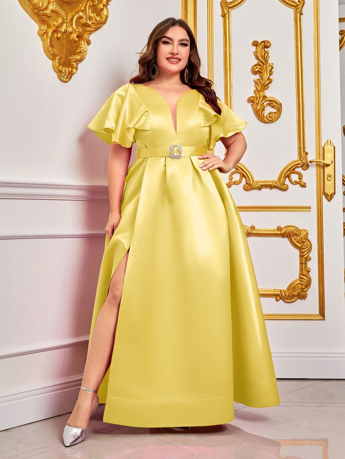 Style FSWD0819P Faeriesty Size 1X Satin Yellow Floor Length Maxi on Queenly