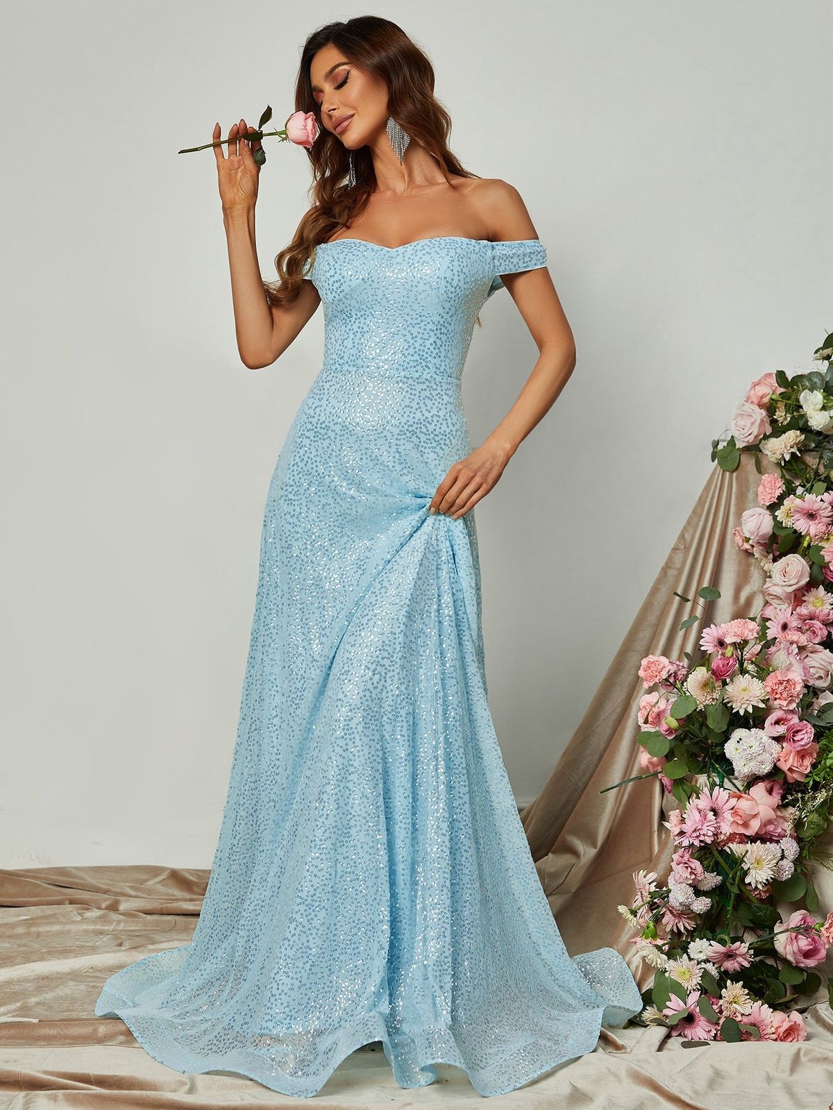 Style FSWD0845 Faeriesty Size XS Off The Shoulder Sequined Blue A-line Dress on Queenly
