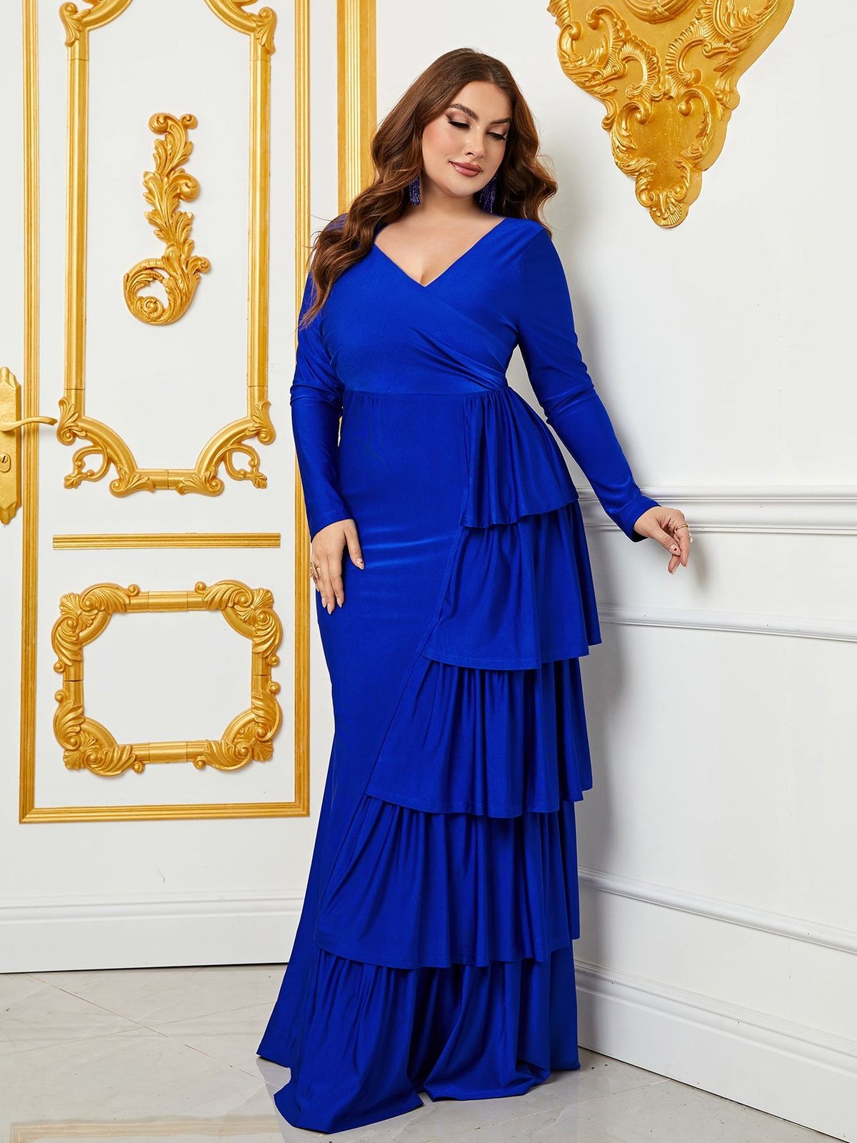 Style FSWD0765P Faeriesty Size 1X Long Sleeve Satin Royal Blue Mermaid Dress on Queenly