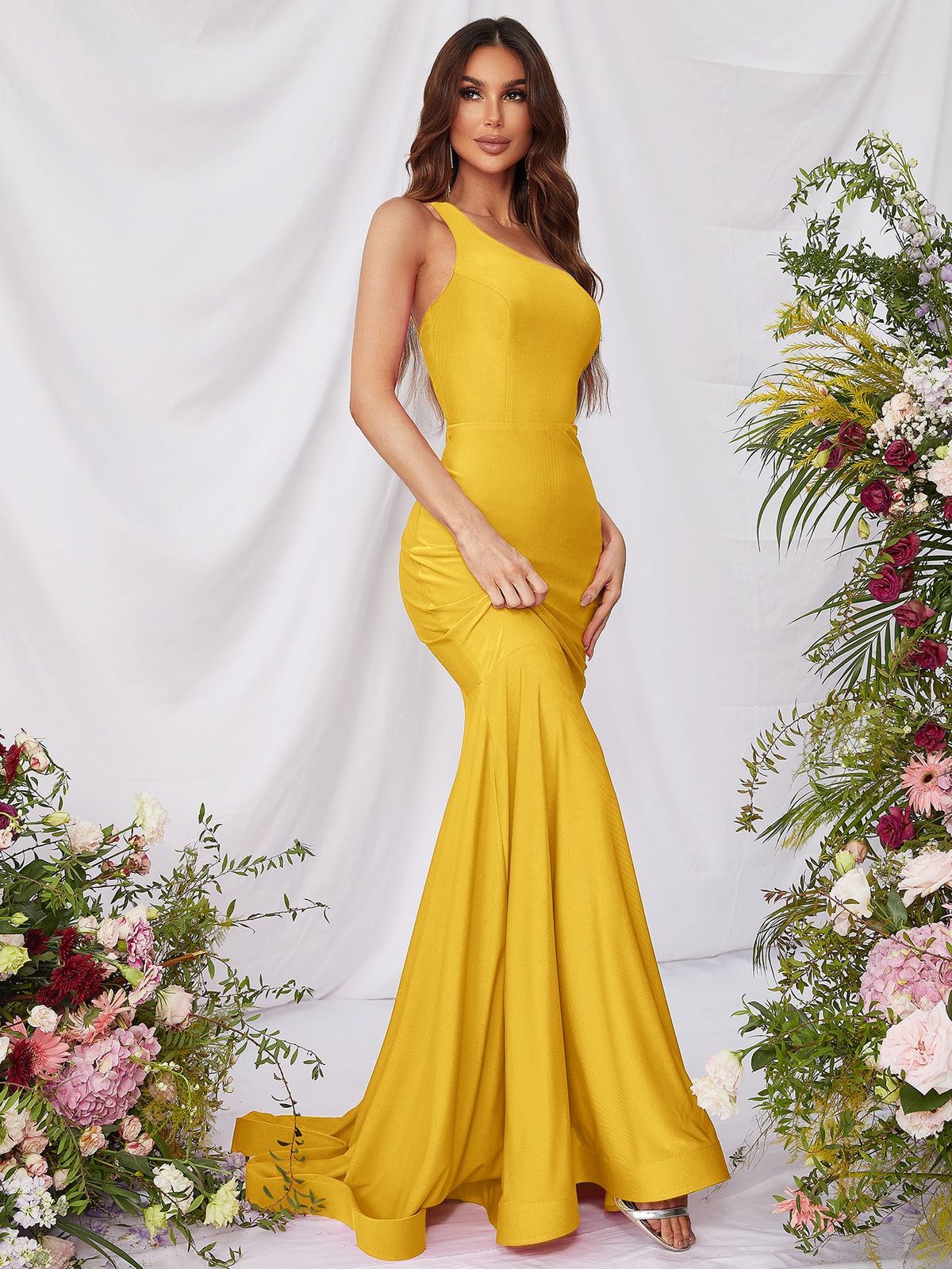 Style FSWD0773 Faeriesty Size S Prom One Shoulder Satin Yellow Mermaid Dress on Queenly