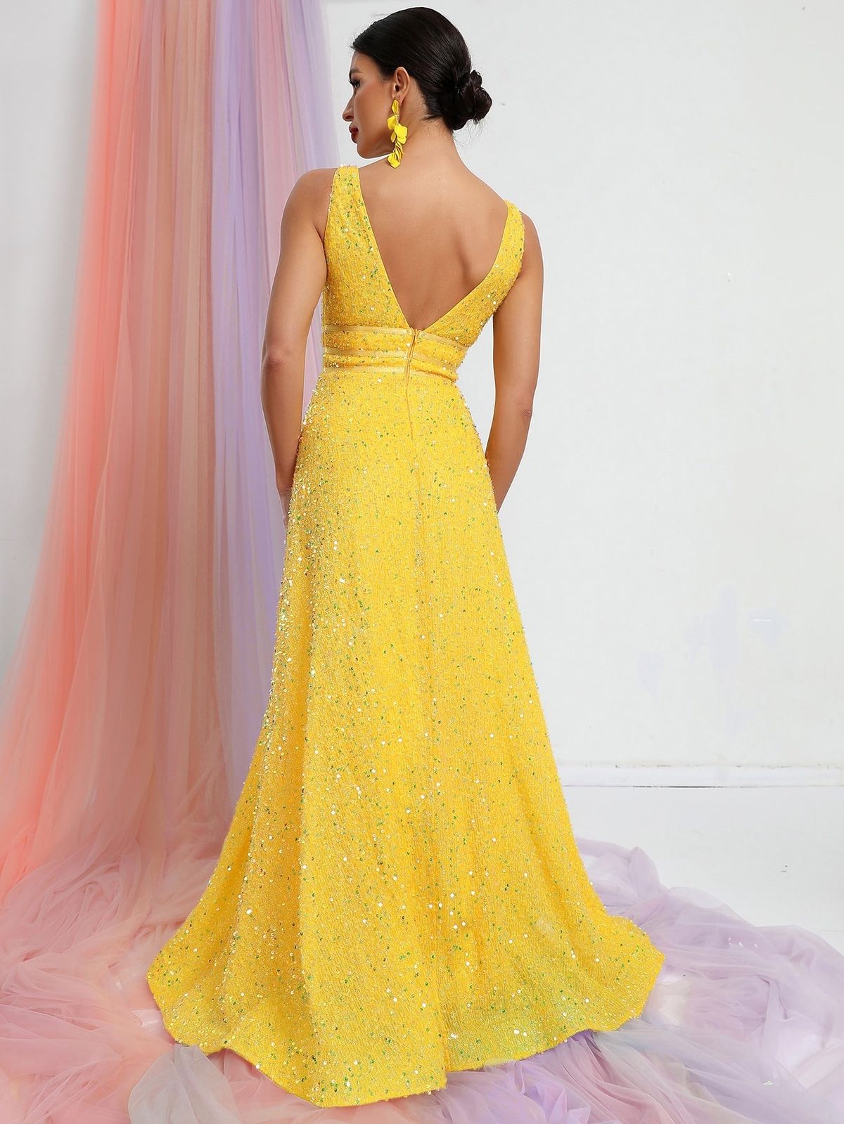 Style FSWD0448 Faeriesty Size S Plunge Sequined Yellow Floor Length Maxi on Queenly