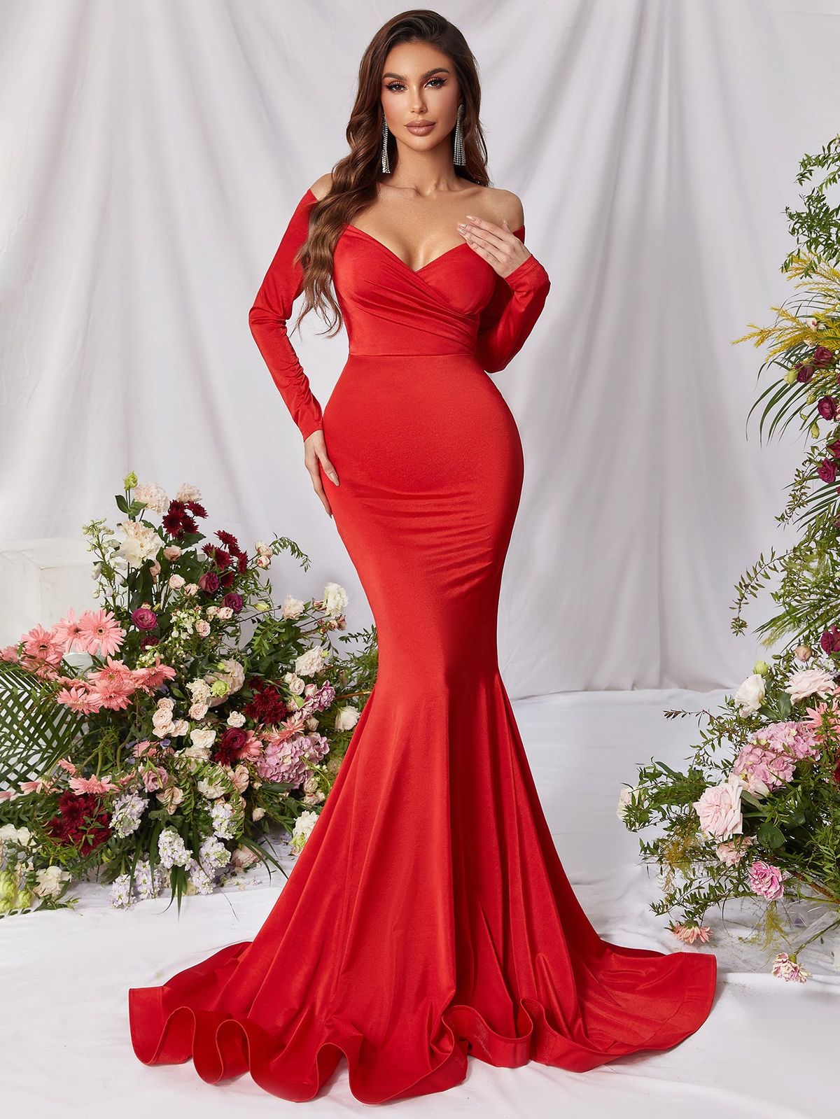 Style FSWD0769 Faeriesty Size XS Nightclub Long Sleeve Satin Red Mermaid Dress on Queenly