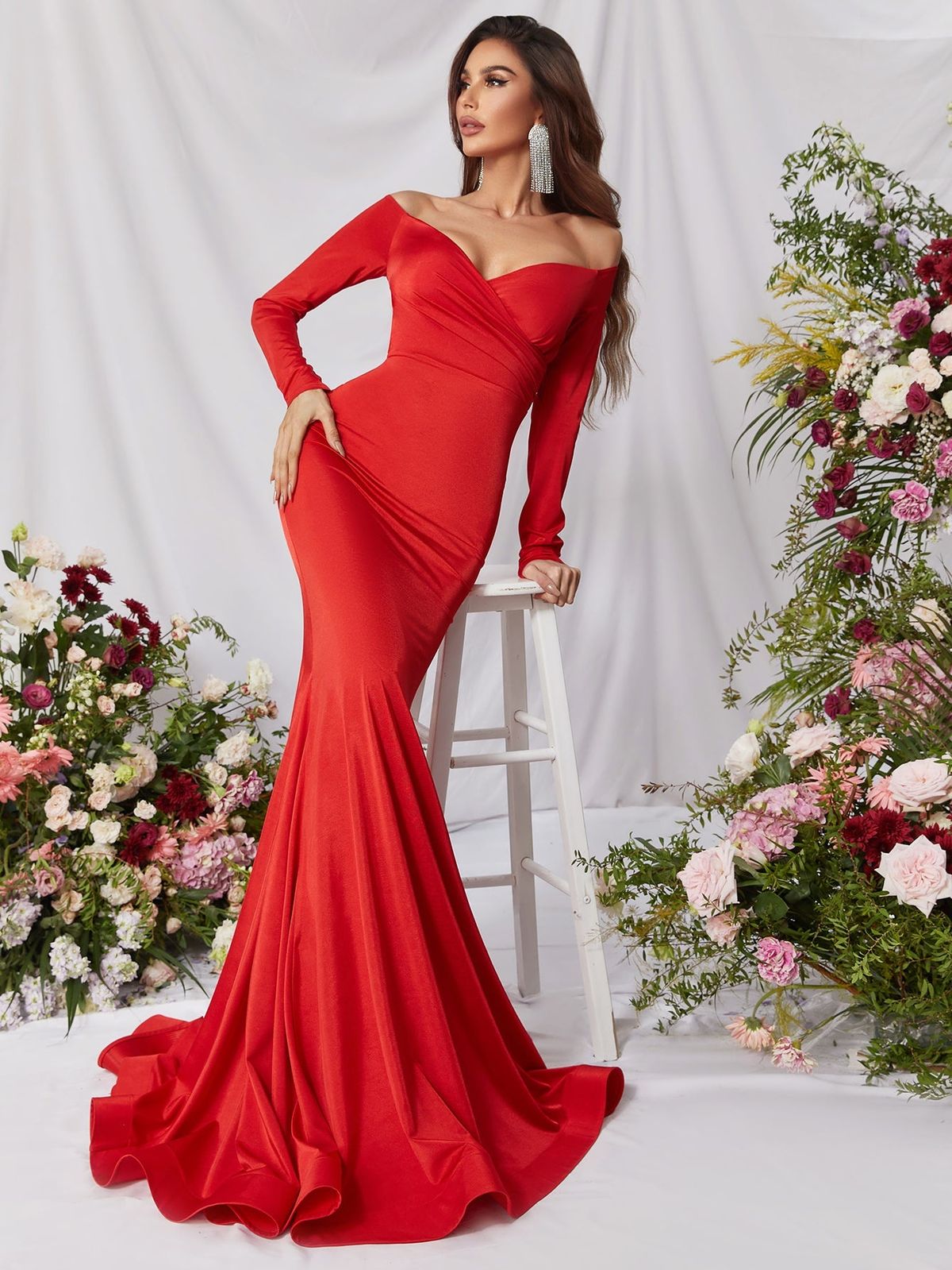 Style FSWD0769 Faeriesty Size L Nightclub Long Sleeve Satin Red Mermaid Dress on Queenly