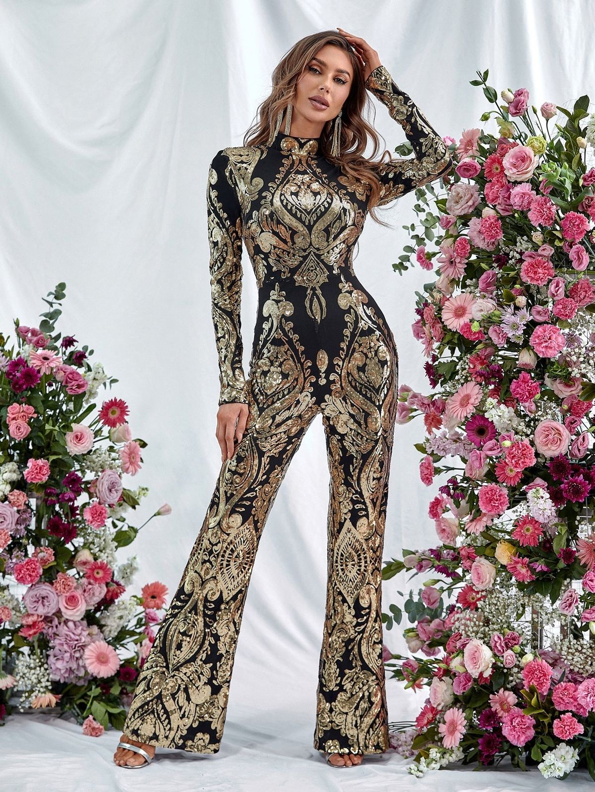Style FSWB7013 Faeriesty Size XS Long Sleeve Sequined Gold Formal Jumpsuit on Queenly