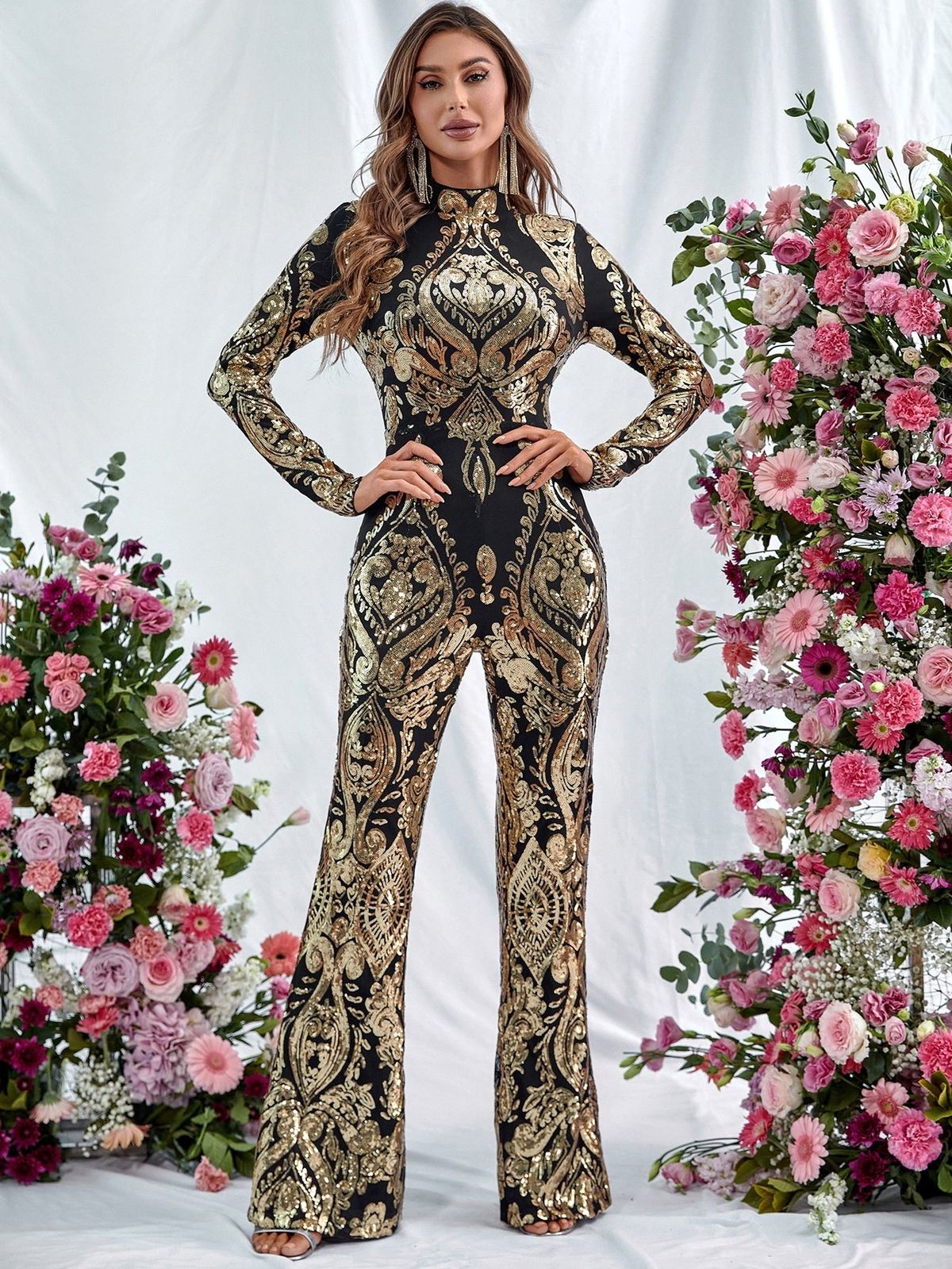 Style FSWB7013 Faeriesty Size M Long Sleeve Sequined Gold Formal Jumpsuit on Queenly