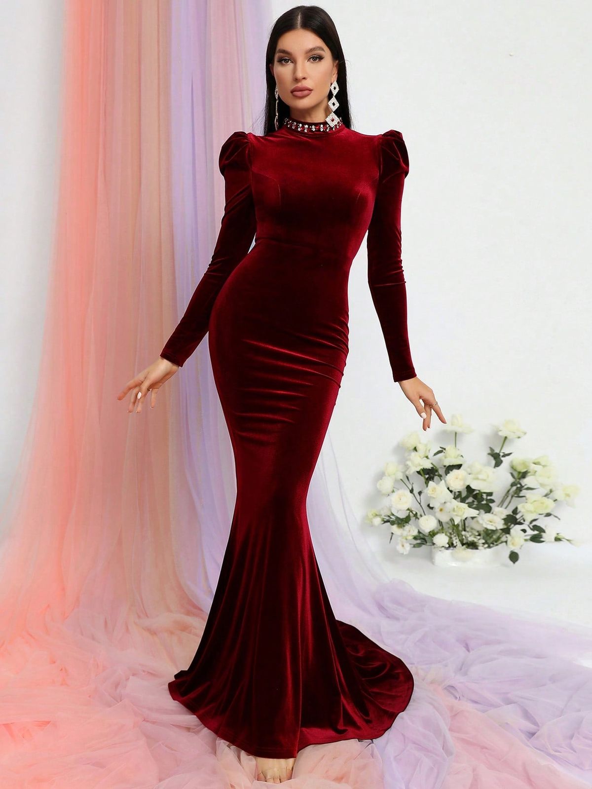 Style FSWD0968 Faeriesty Size XL Velvet Burgundy Red Mermaid Dress on Queenly
