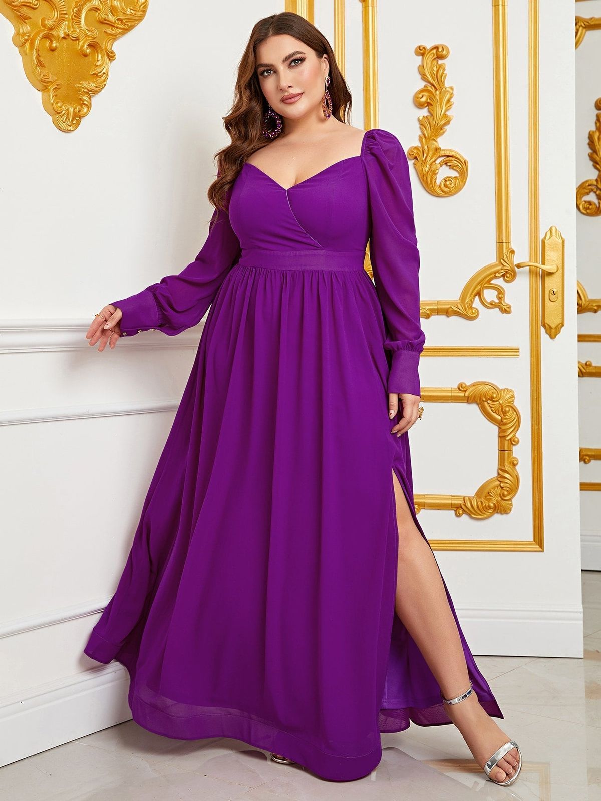 Style FSWD0795P Faeriesty Size 1X Long Sleeve Purple A-line Dress on Queenly
