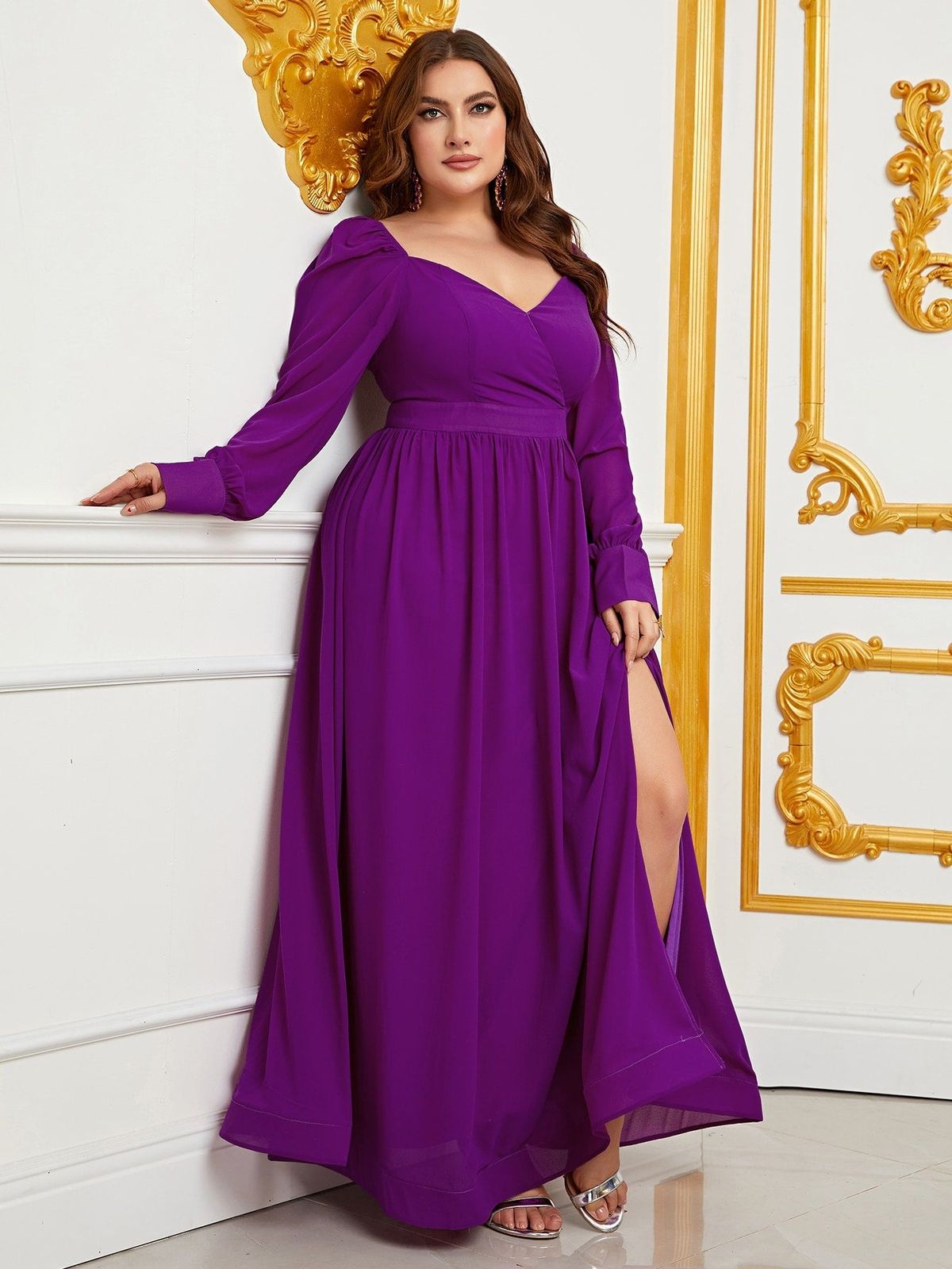 Style FSWD0795P Faeriesty Size 1X Long Sleeve Purple A-line Dress on Queenly