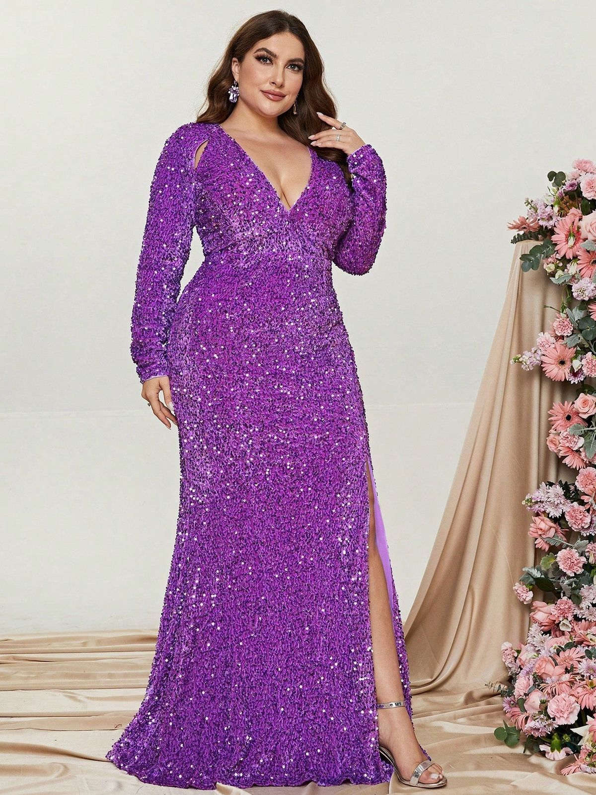 Style FSWD0590P Faeriesty Size 1X Plunge Sequined Purple Floor Length Maxi on Queenly