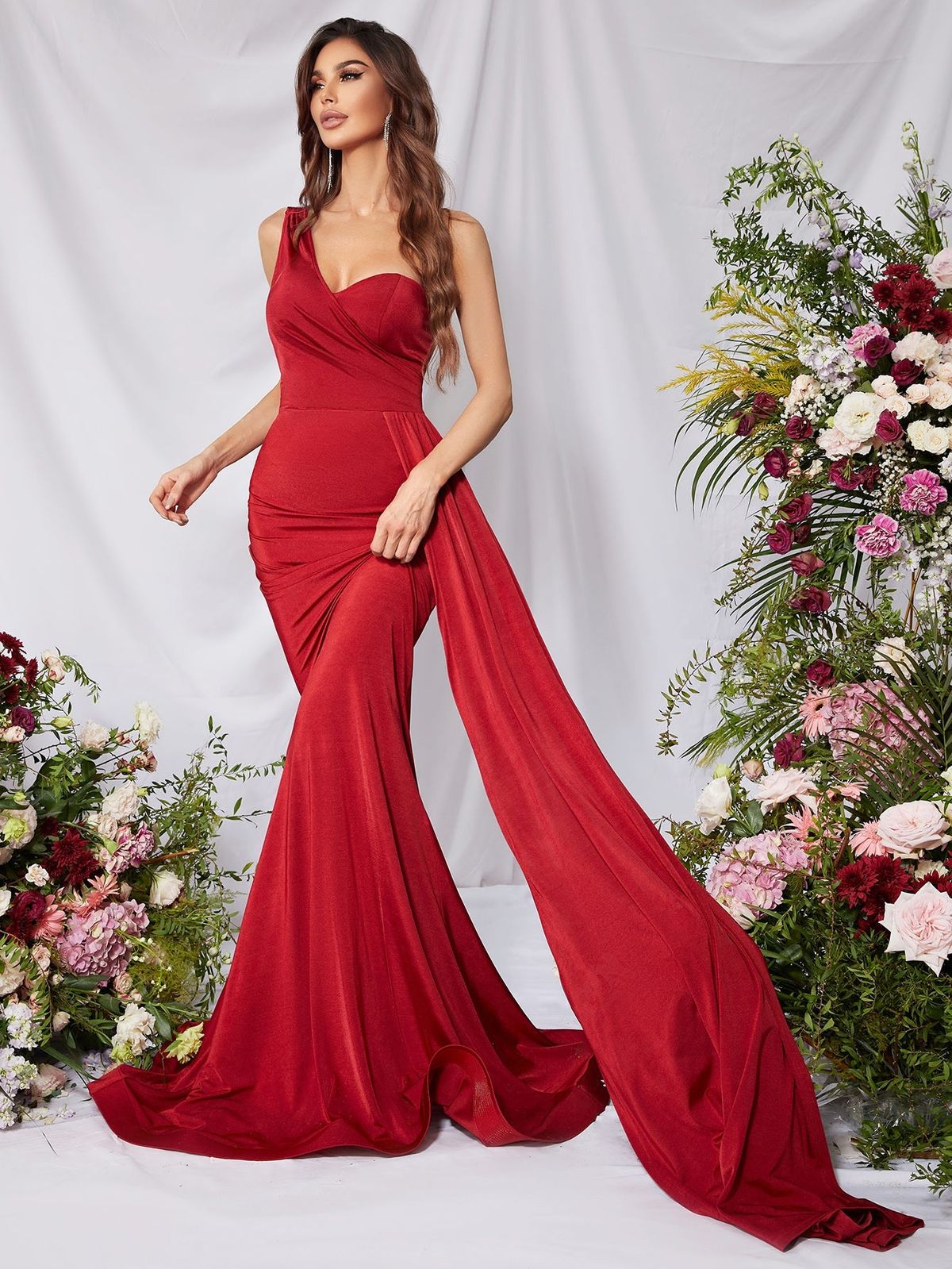 Style FSWD0768 Faeriesty Size XL One Shoulder Satin Burgundy Red Floor Length Maxi on Queenly