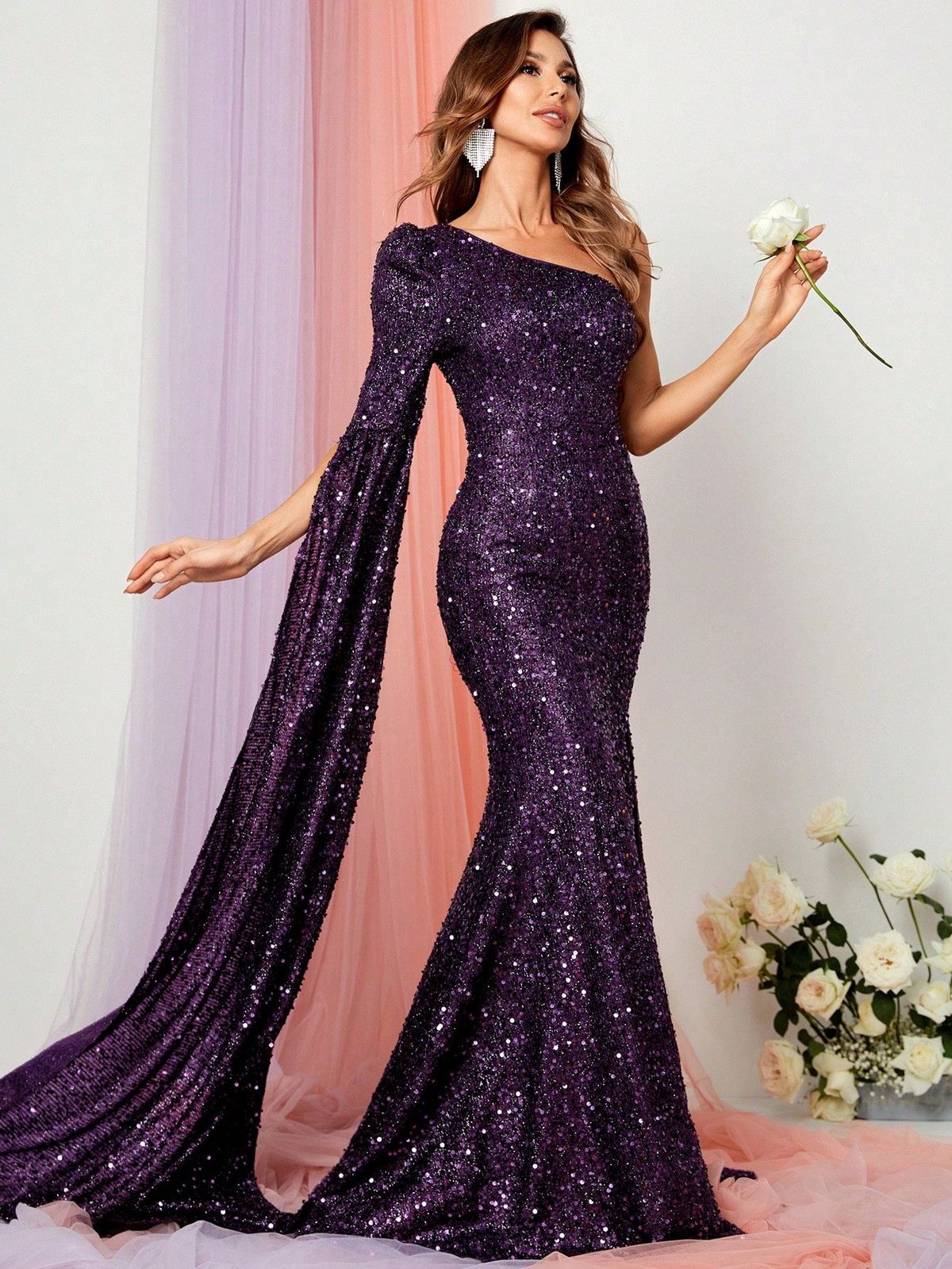 Style FSWD0789 Faeriesty Size S Long Sleeve Sequined Purple Side Slit Dress on Queenly